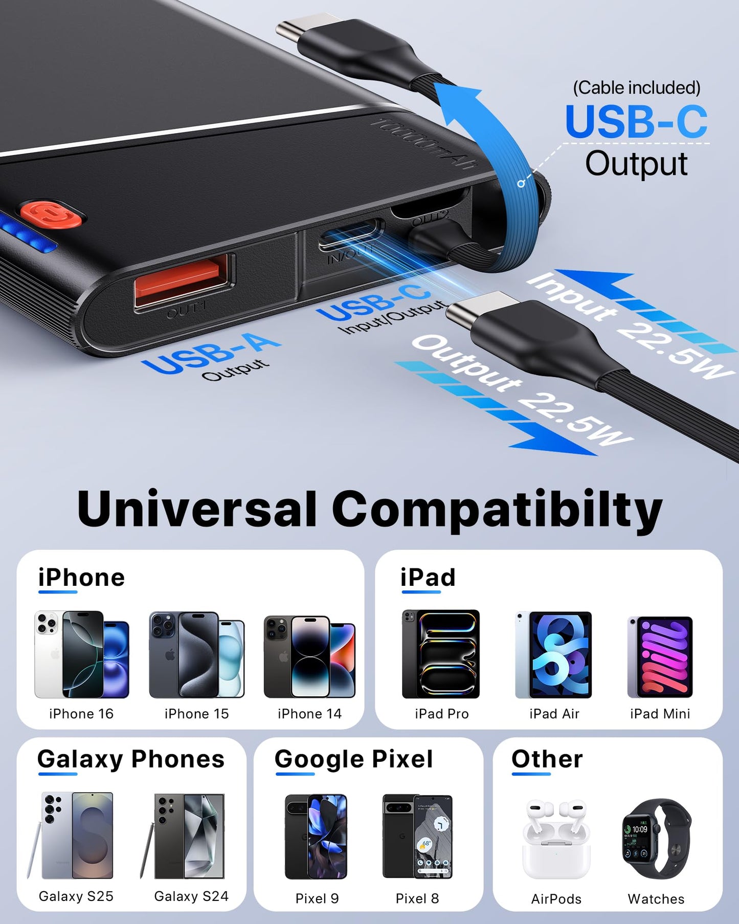 Aaoyun Portable Charger Power Bank, 10000mAh 22.5W PD Fast Charging Powerbank with Built-in USB C Cable, Slim External Phone Battery Pack for iPhone 17/16/15 Samsung S24 Android etc (Grey)