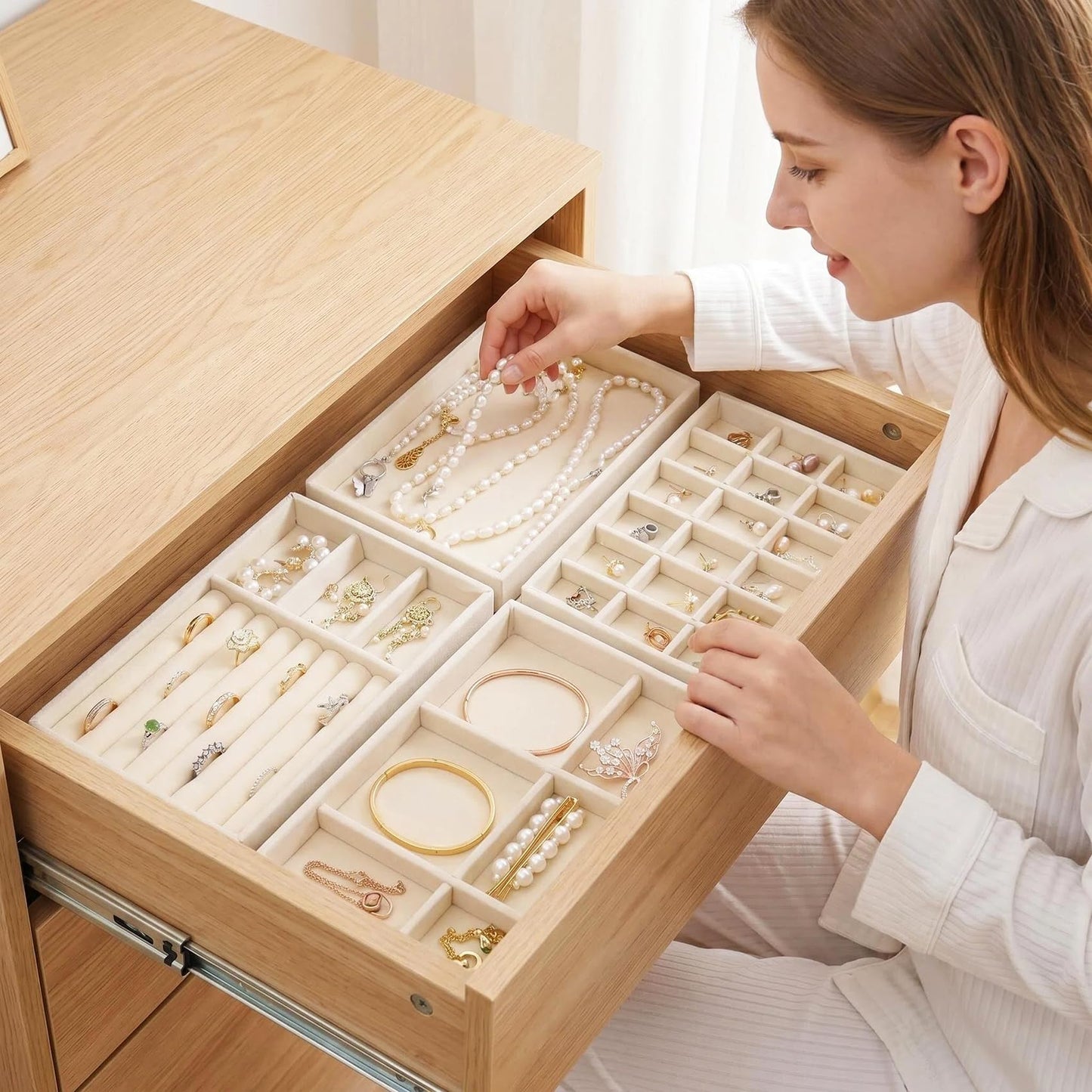 AIRZSNRY Velvet Jewelry Organizer for Drawer, Stackable Jewelry Drawer Inserts in Dresser, 8in Beige Storage Display Case for Rings Stud Necklaces Accessories, Set of 12