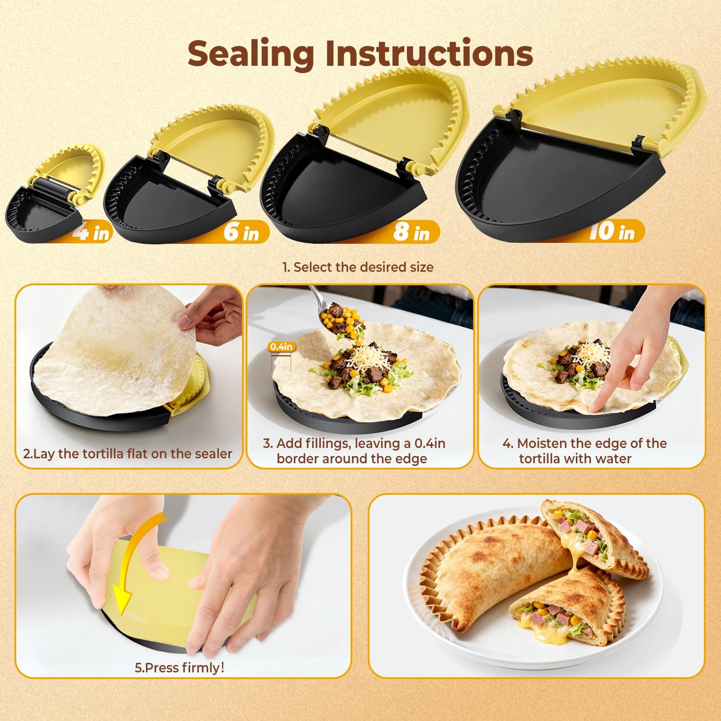 Zenflux 4-in-1 Portable Tortilla Sealer and Crimper - Quesadilla Maker & Empanada Press with 4 Detachable Sizes (4, 6, 8, 10 Inch), Create Sealed Quesadillas, Burritos, Dumplings, Black and Yellow