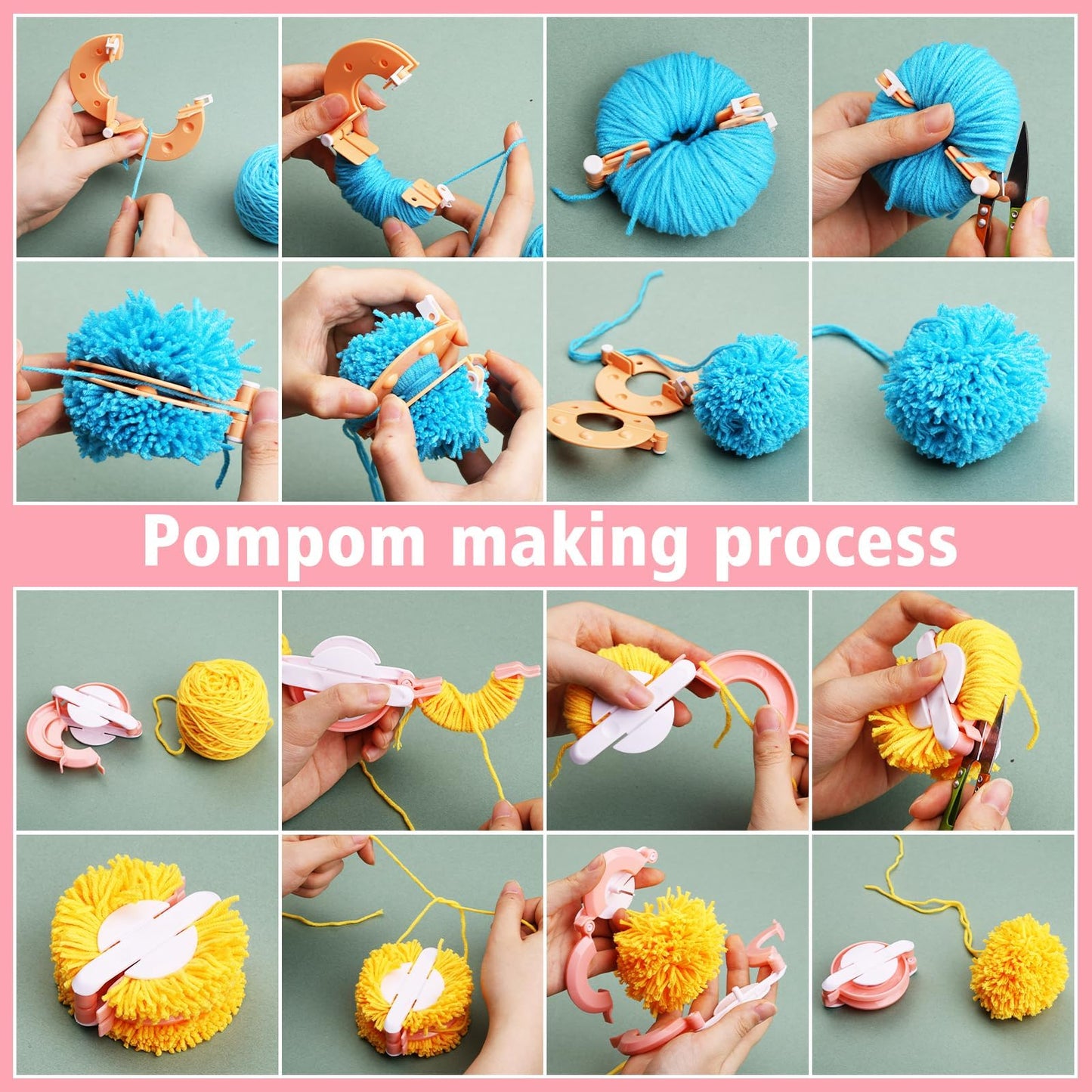 FTEVEN 41Pcs Pom Pom Maker, 8 Size Pompom Maker Kits with Warped Head Scissor and Instruction, Used for Fluff Ball Weave DIY Crochet Knitting, Pom Pom Maker for Yarn Knitting Craft Project