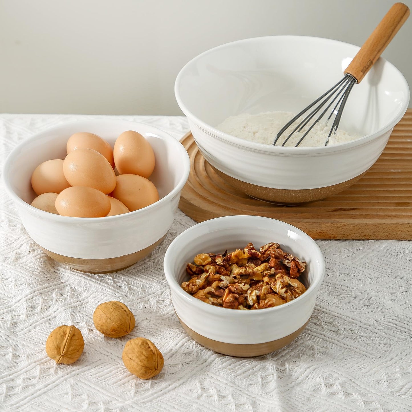 HASENSE Ceramic Mixing Bowls, Large Serving Salad Pasta Bowls Set, 2.1/1.0/0.5 Qt for Entertaining, White Nesting Batter Bowls for Prepping Baking, Dishwasher Microwave Safe, Set of 3