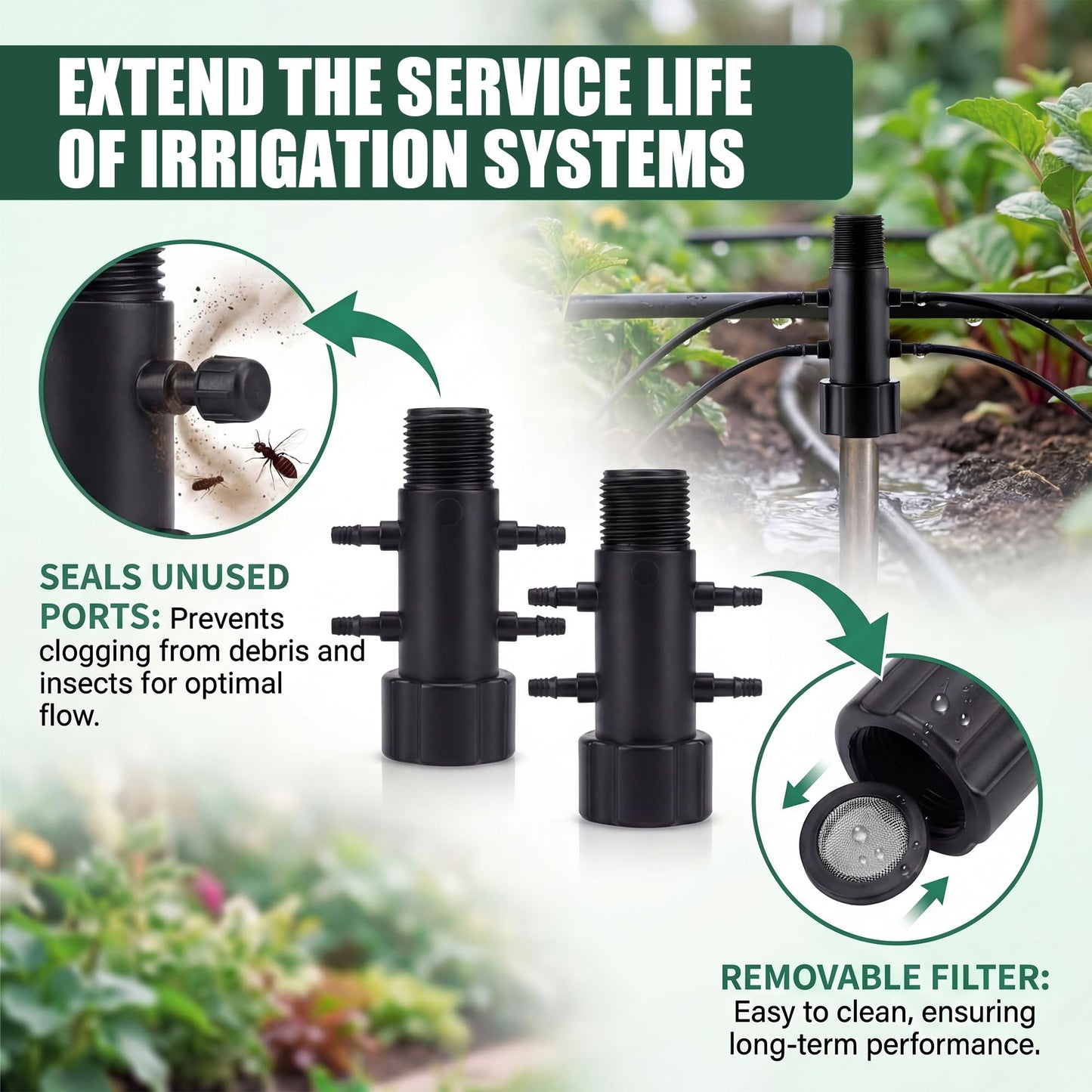 Gulfmew 5 Pack 4 Port Drip Irrigation Manifold with Filter, Drip Irrigation Riser Adapter, Watering Manifold for Gardening Systems, 1/2" Female Pipe Thread x 1/2" Male Pipe Thread x 1/4" Barbed End