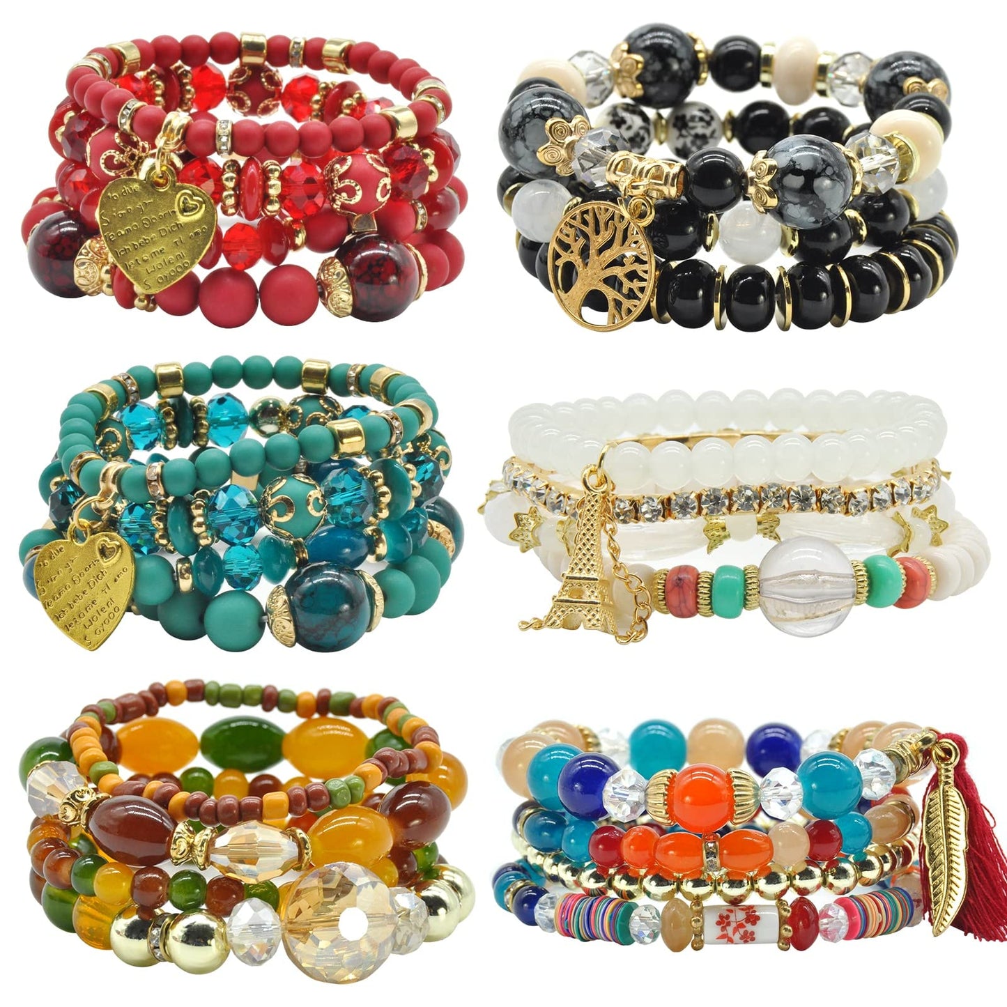 VONRU Bohemian Bracelet Sets for Women 6 Stackable Stretch Bracelets Multi-color Boho Jewelry Hippie Dainty (Bohemian stackable bracelet)