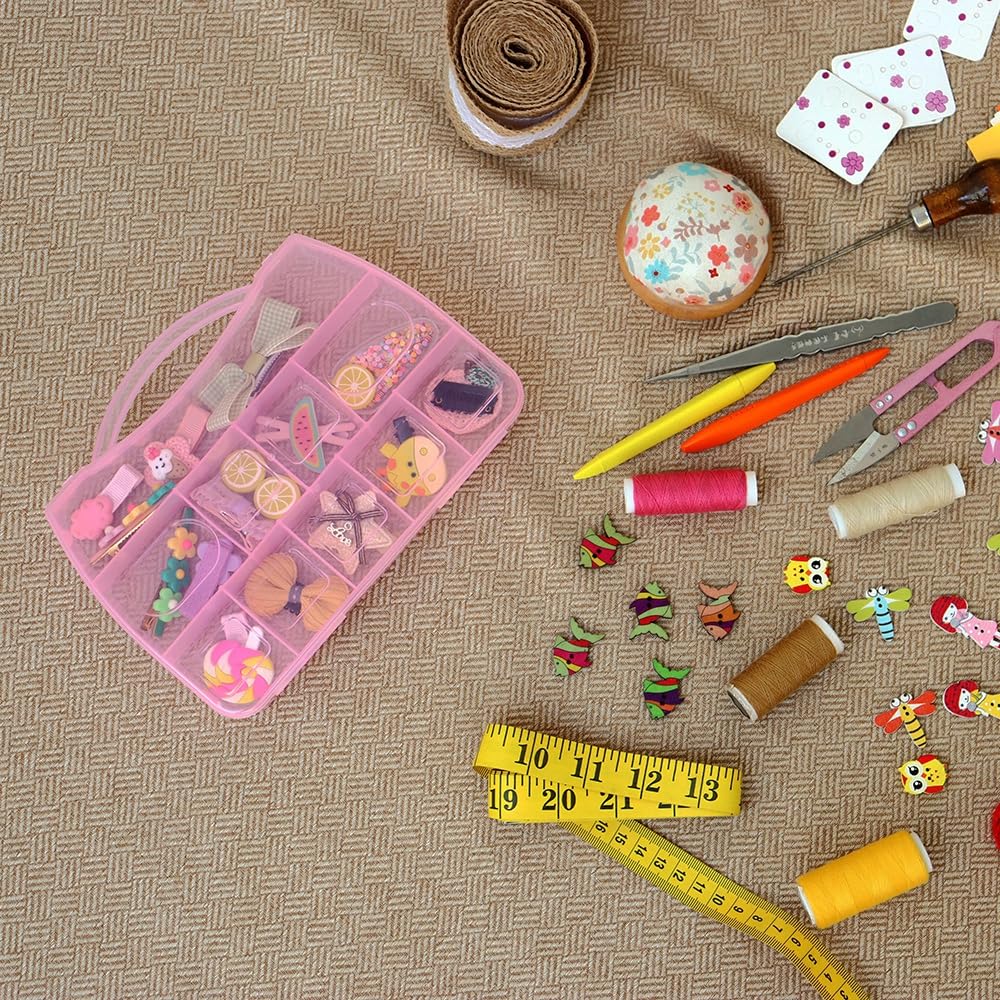 BangQiao 4 Pack Fixed 10 Grids Small Clear Pink Plastic Storage Case with Handle, Mini Cute Organizer Box for Gift Giving, Birthday, Event, Party, Jewelry, Ornaments, Craft Supplies, DIY Accessories