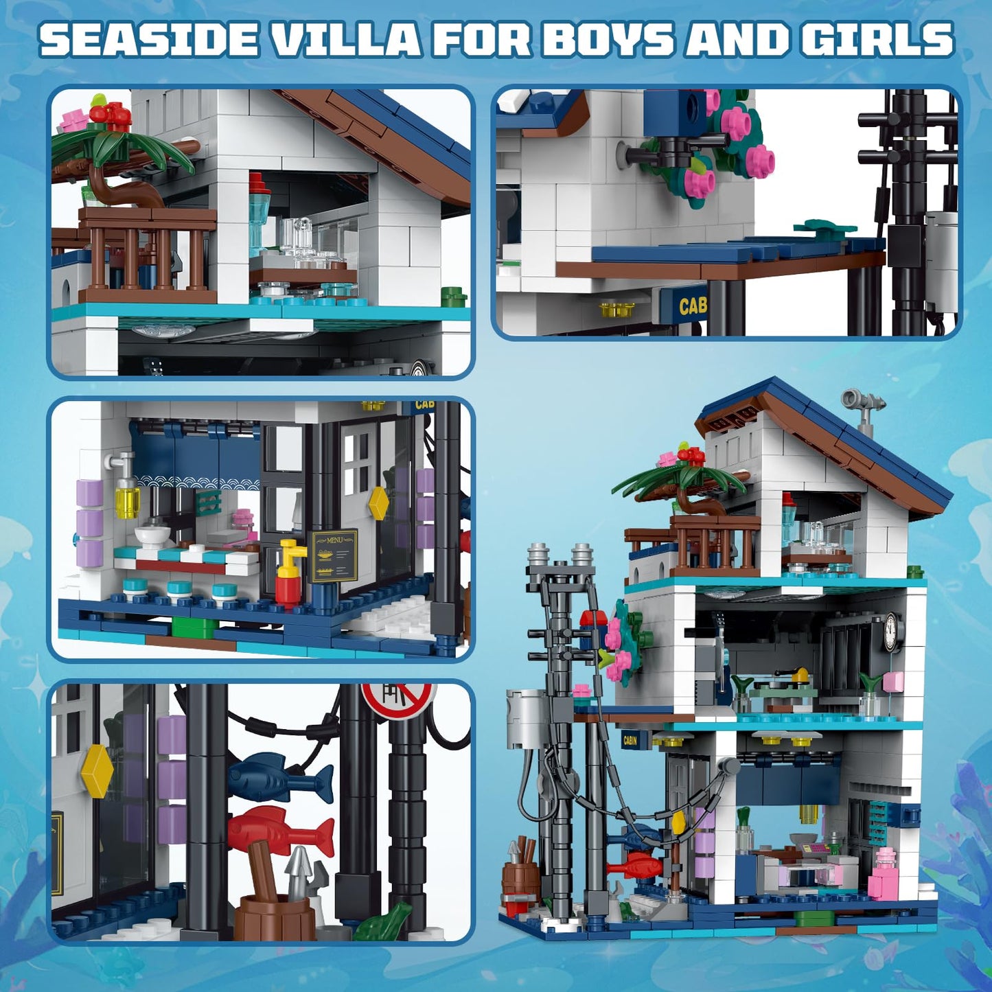 3 in 1 Japanese Style Building Set with Light, Creative Beach House, Lighthouse & Restaurant Model, Architecture Building Blocks Set, for Architecture Lovers