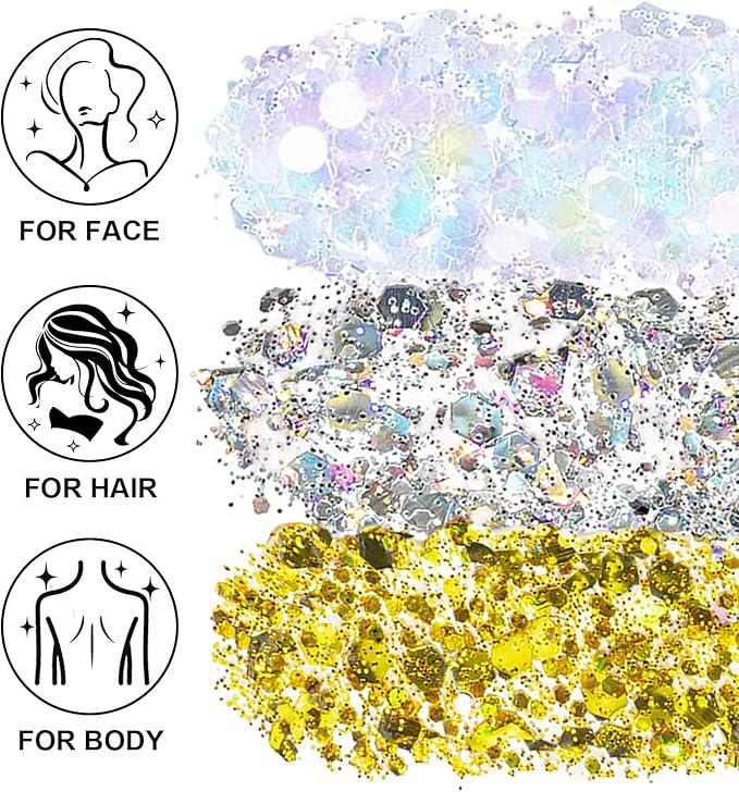 Face Body Glitter Set for Women and Kids, White Silver Gold Holographic Mermaid Sequins Chunky Glitter Makeup for Music Festival Rave Accessories, Running, Wedding, Prom, Carnivals