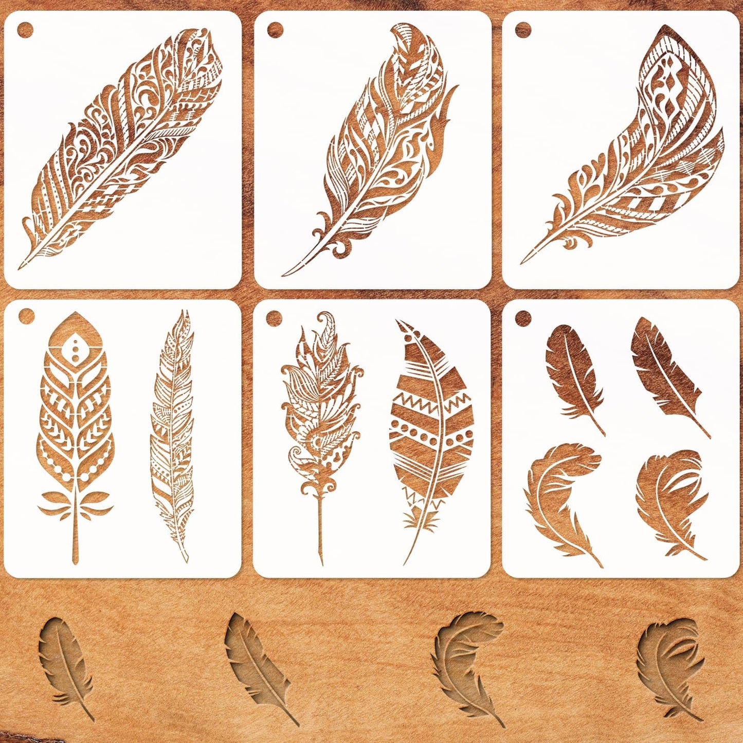 YKW Feather Stencils for Painting, 6 Pack Reusable Boho Feather Templates, DIY Art Supplies for Wall Decor, Fabric, Wood, Canvas - Tribal Bohemian Craft Stencil Set,Mandala Style Fusion