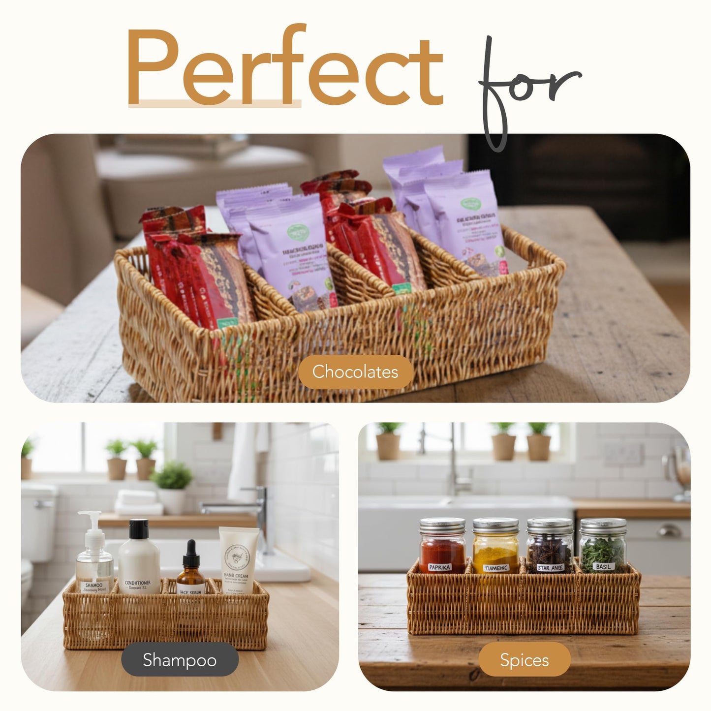 Nature-Inspired Rattan Pantry Organizer Baskets Set of 2 with 3 Removable Dividers – Handwoven Storage Bins for Kitchen or Bathroom Organization, Ideal for Snacks, Coffee & Tea (13” x 7.3” x 3.7”)