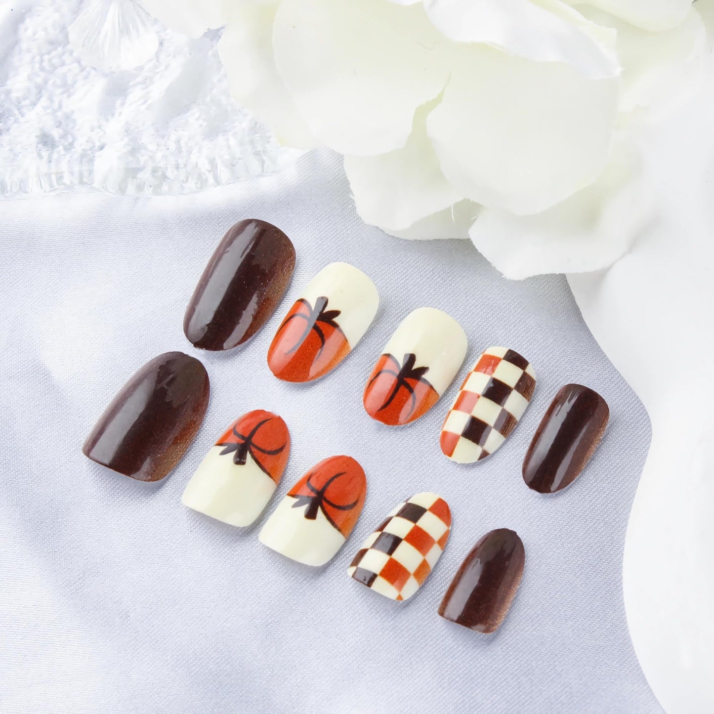 BABALAL Brown Fall Press on False Nails Medium Oval Fake Nails Pumpkin Design Thanksgiving Day Autumn 24Pcs Gloosy Round Full Cover Stick on Acrylic Gel Nails