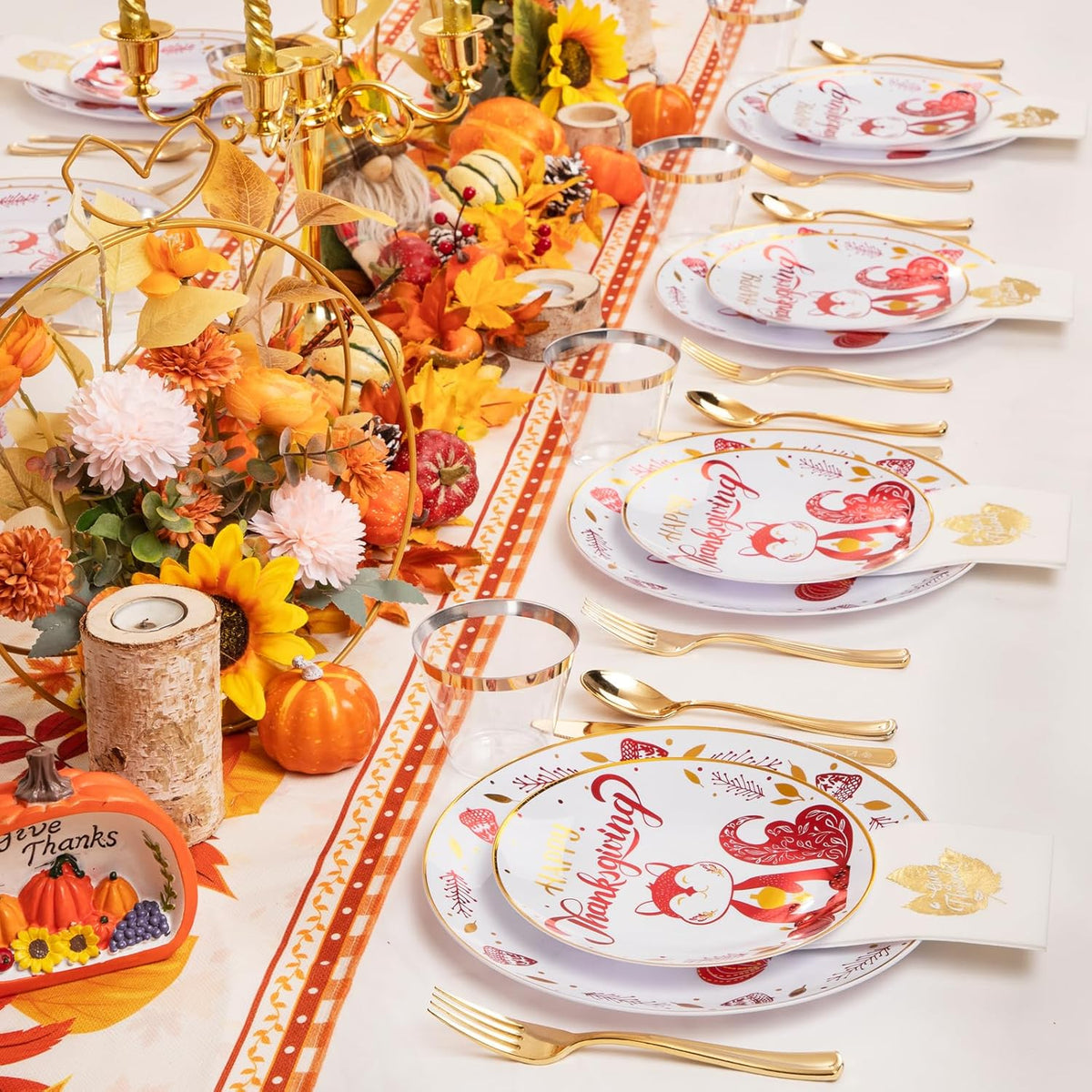 Hioasis 175pcs Thanksgiving Plastic Plates - Gold Dinnerware Set for 25 Guests - 50 Disposable Plates with Red Squirrel, 75 Gold Plastic Silverware, 25 Cups, 25 Napkins for Thanksgiving Party