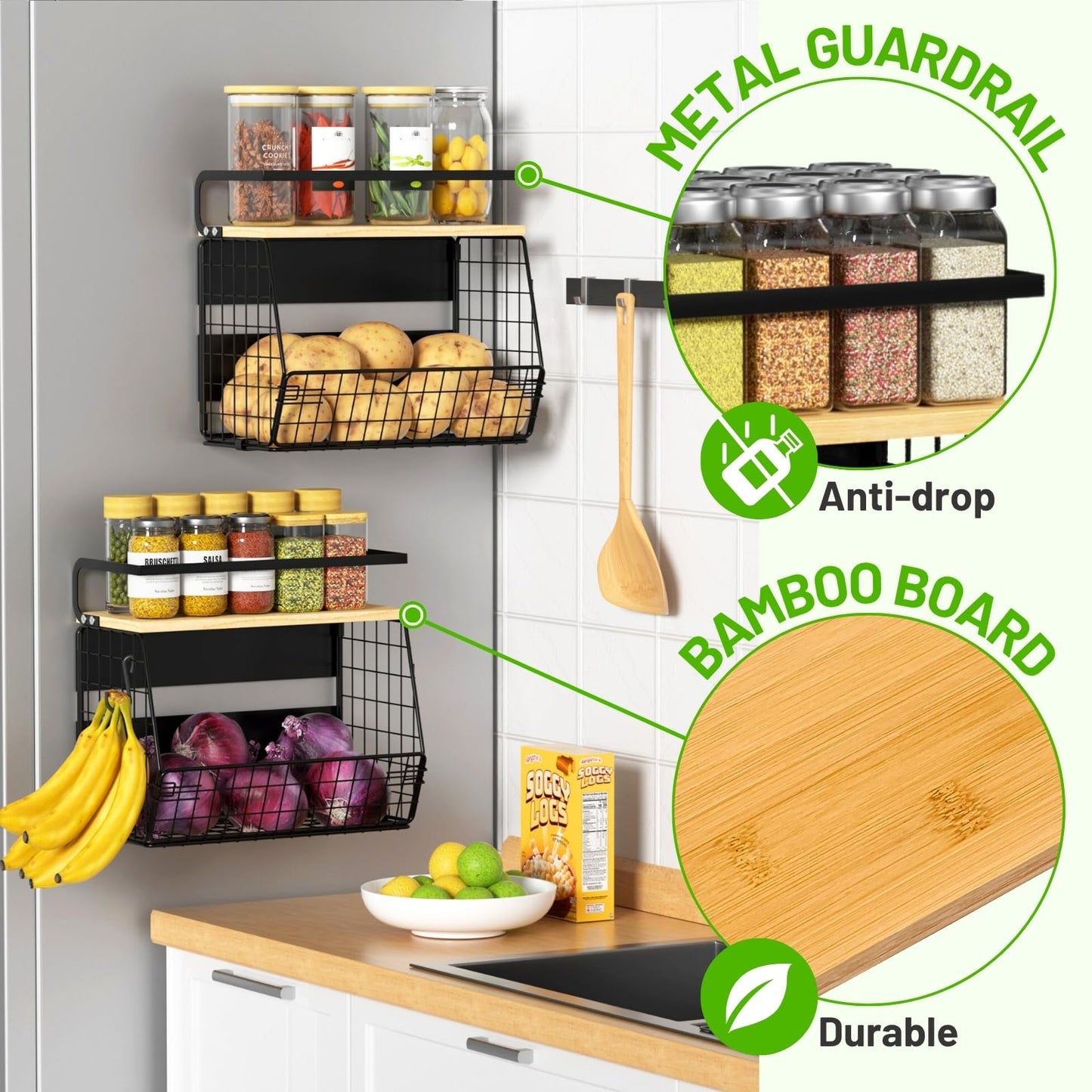 Ofiray-home Magnetic Shelf for Fridge with Wood Lid, Fruit Potato and Onion Storage Bins, Pantry Organizers & Storage, Large Container Magnetic Spice Rack for Refrigerator, Kitchen Counter, Cabinet