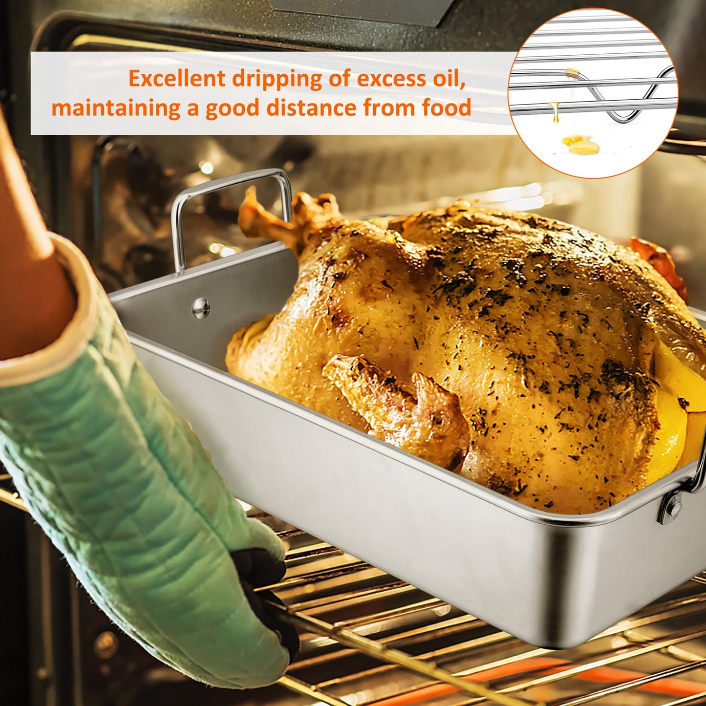 14 Inch Roasting Pan with Rack, Leonyo Large Turkey Roasting Pan, Stainless Steel Roaster Pan with Wire Rack Non Stick Baking Pans for Cooking Ham, Chicken, Cake, Lasagna, Casserole