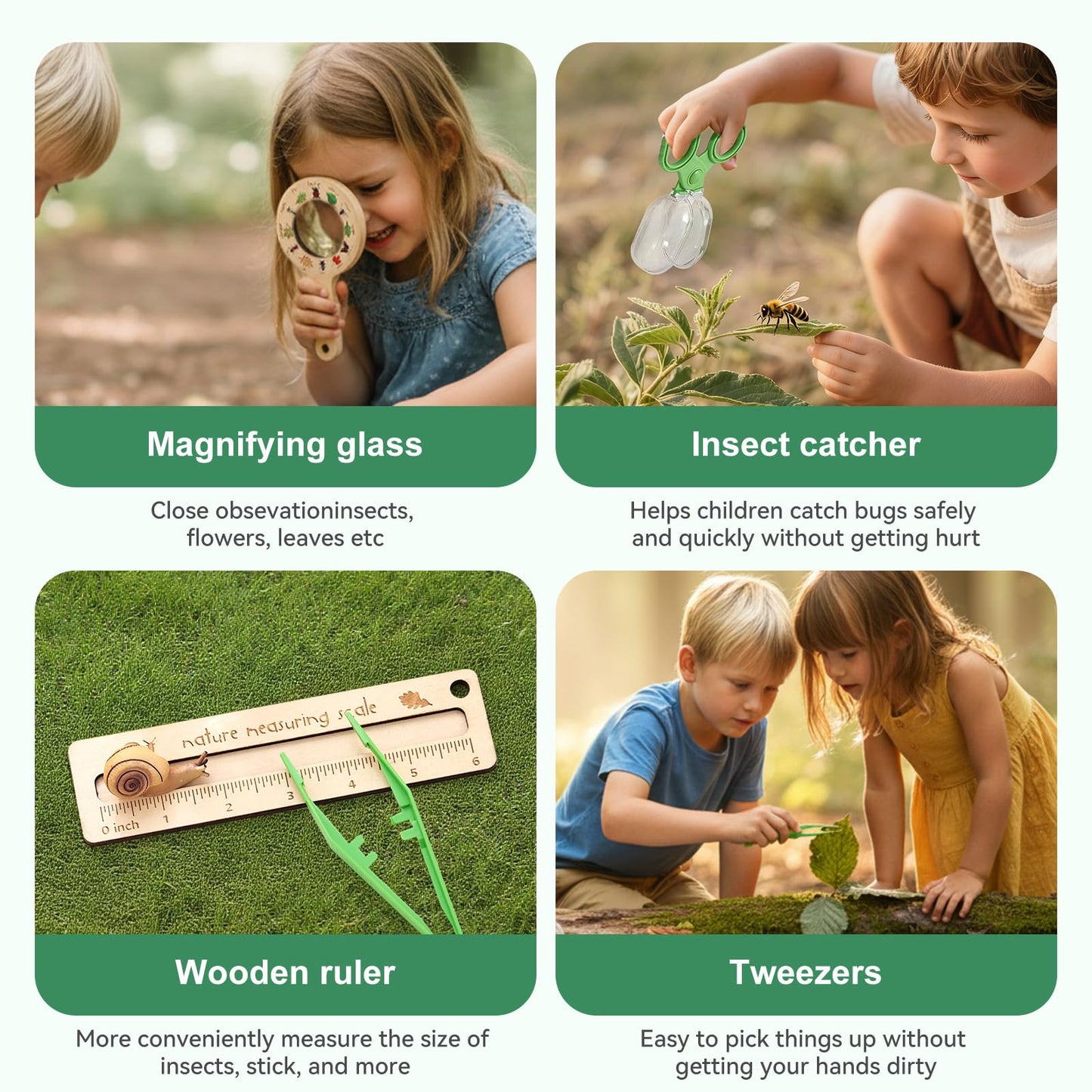 Bug Catcher Kit for Kids, Bug Catching Kit with Bug Box, Learning Cards & Observation Board, Outdoor Toys Scavenger Hunt Play Set, Adventure Set for Backyard & Camping Fun Gift for Girls Boys