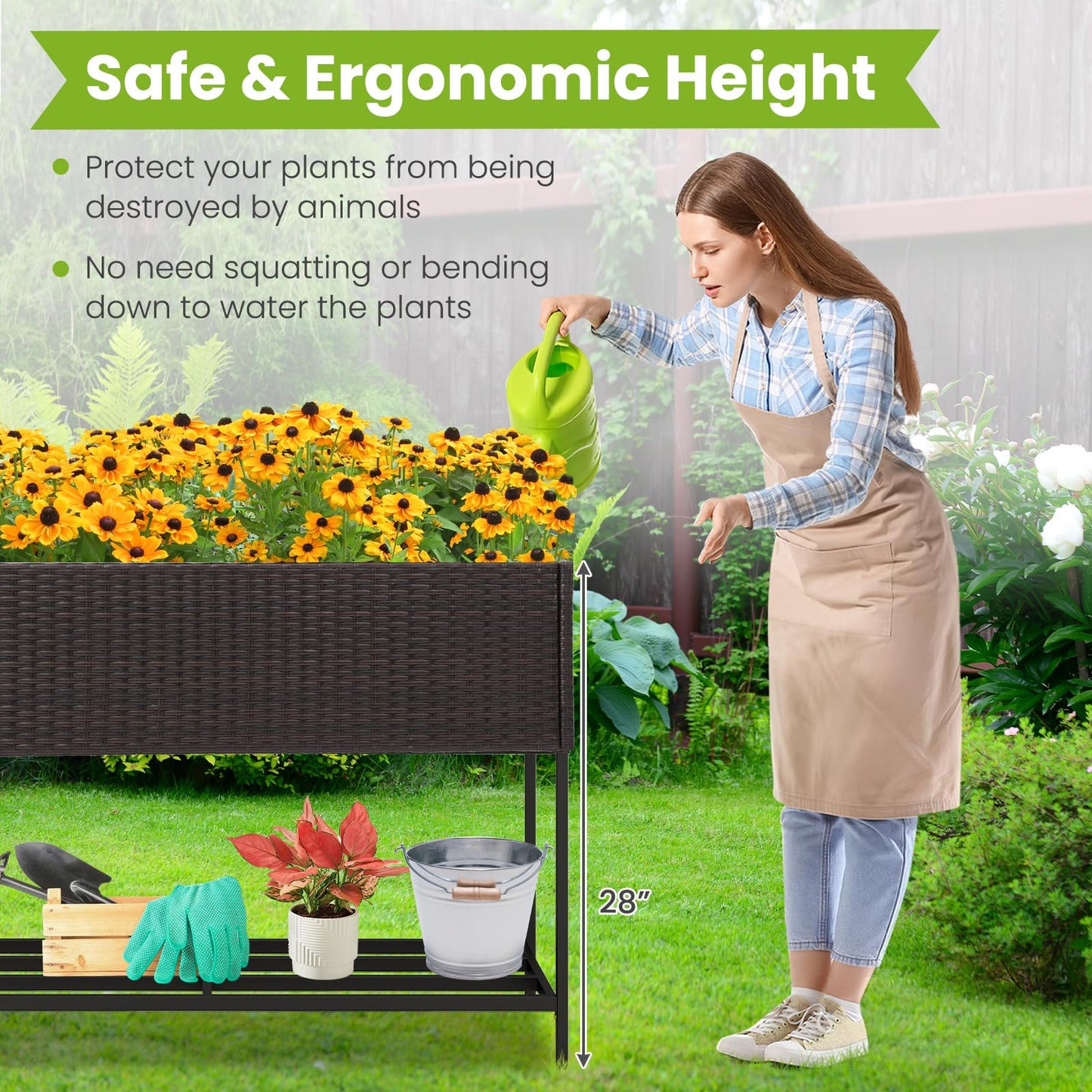 HAPPYGRILL Raised Garden Bed, Rattan Planter Raised Bed with Legs, Bottom Storage Shelf, Removable Liner, Drainage System, Wicker Elevated Planter Box w/Legs for Vegetables Flowers (40” x 12” x 28”)