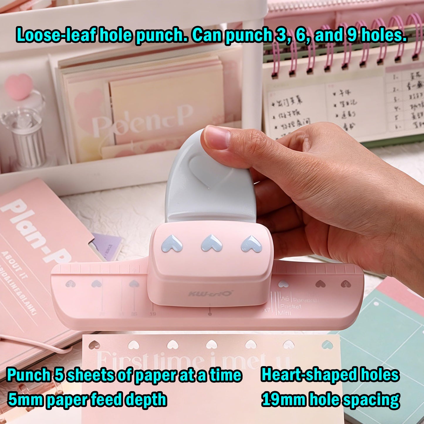 CATaireen Journal Paper Punch Kit Round Square Heart Mushroom Hole Puncher Craft Scrapbooking Tools Set Scrapbook Essentials Supplies (4.55 mm 3 Heart Holes)