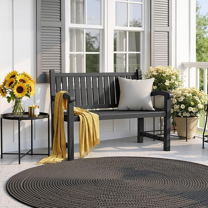 Outdoor Bench, Waterproof & Weatherproof Garden Bench with Ergonomic Design, 2-Person Resin Bench for Porch, Deck, Patio, Outdoor, Garden & Park(Black)