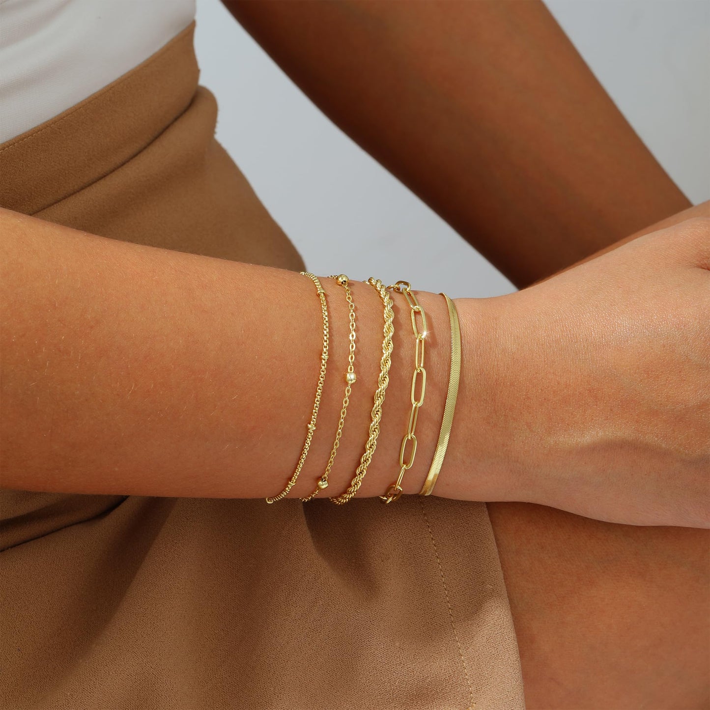 VIROMY Gold Bracelets for Women Waterproof,14K Gold Plated Layered Stackable Bracelet Adjustable Size Jewelry Sets Gifts 5PCS