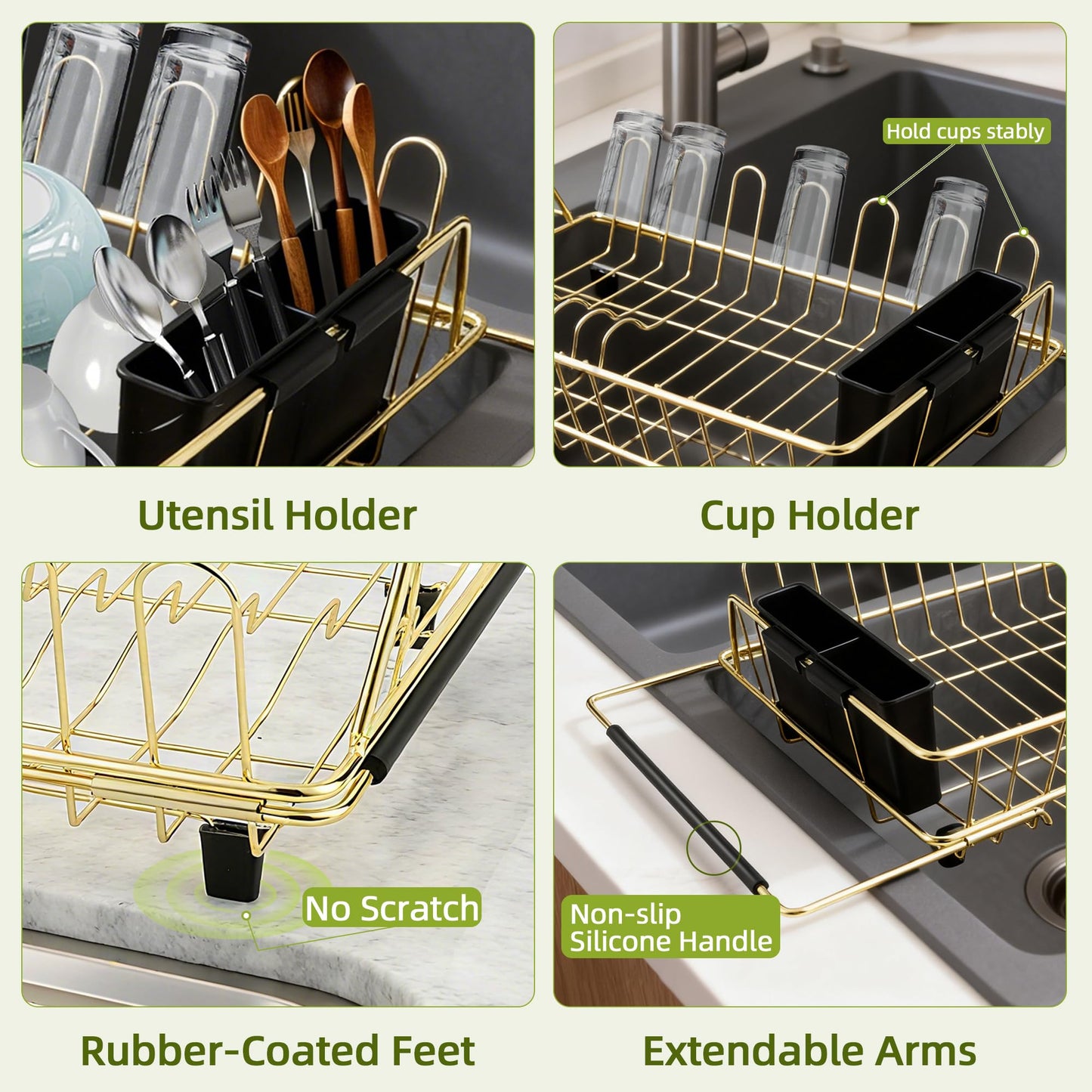 HAYAWEY Golden Expandable Dish Drying Rack-Extra Large Stainless Steel Dish Drainer Over The Sink for Kitchen Countertop with Utensil Holder, Applicable for Sink Width 16'-22' (Gold,23.2'*12.2')