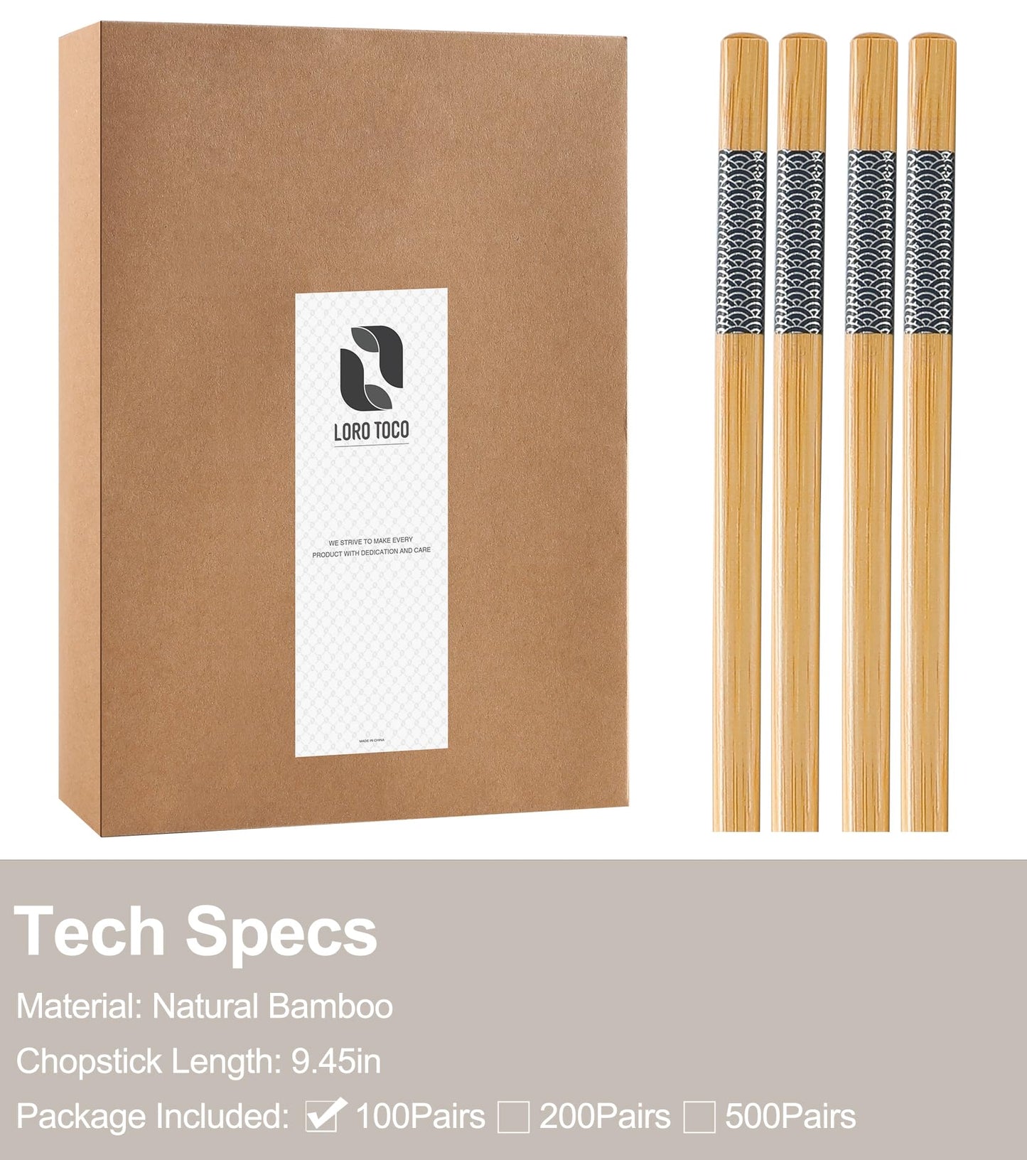 LOROTOCO 100 Pairs Bamboo Chopsticks | Disposable | Reusable | Separated Chopsticks Dishwasher Safe - （9.45in）
