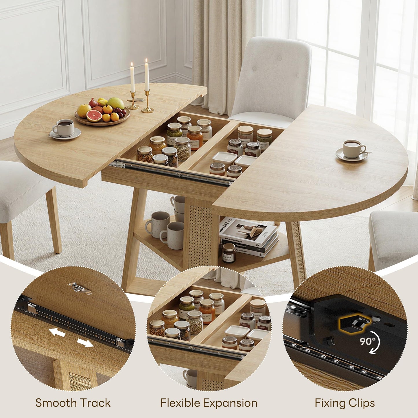 LIKIMIO 43"-59" Extendable Round Dining Table for 4-8, Transformer Oval Dining Room Table with Removable Leaves Space Saving, Wood Base Modern Kitchen Table with Storage Shelf for Living Room, Natural