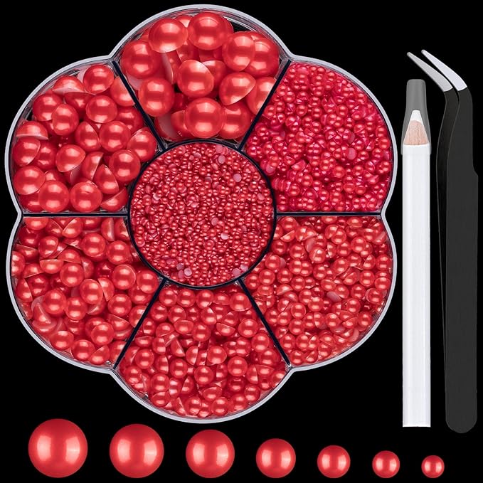 Nail Art Flat Back Half Round Pearl Kits 10, 1 Box of 6000 Pcs Flat-Back Red Pearl with Tweezer and Picker Pencil for Home DIY Nails Body Face Craft and Salon Use