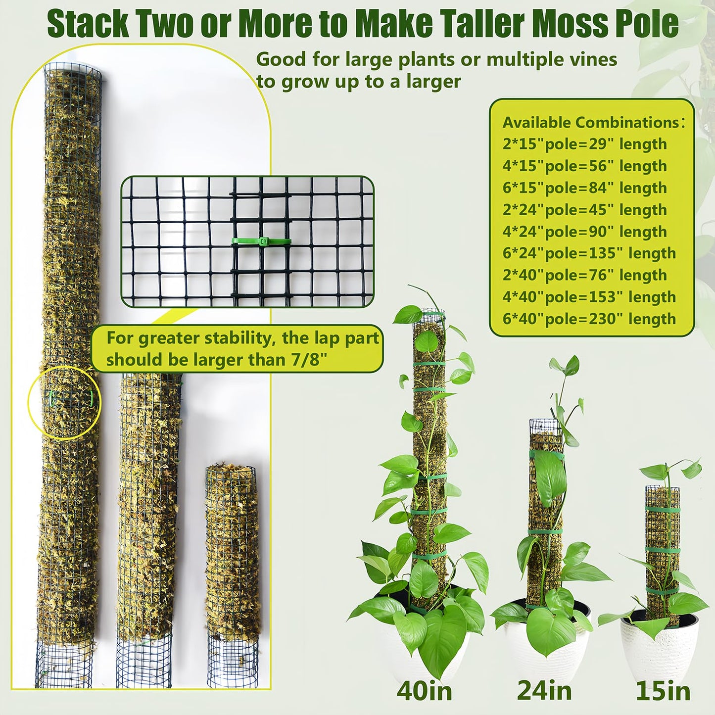 HOLANHING 4 Pack Metal Moss Pole, 40" Moss Poles for Plants Monstera, Stackable Sphagnum Moss Pole for Plants Work with Sphagnum Moss(4 Pack 40")