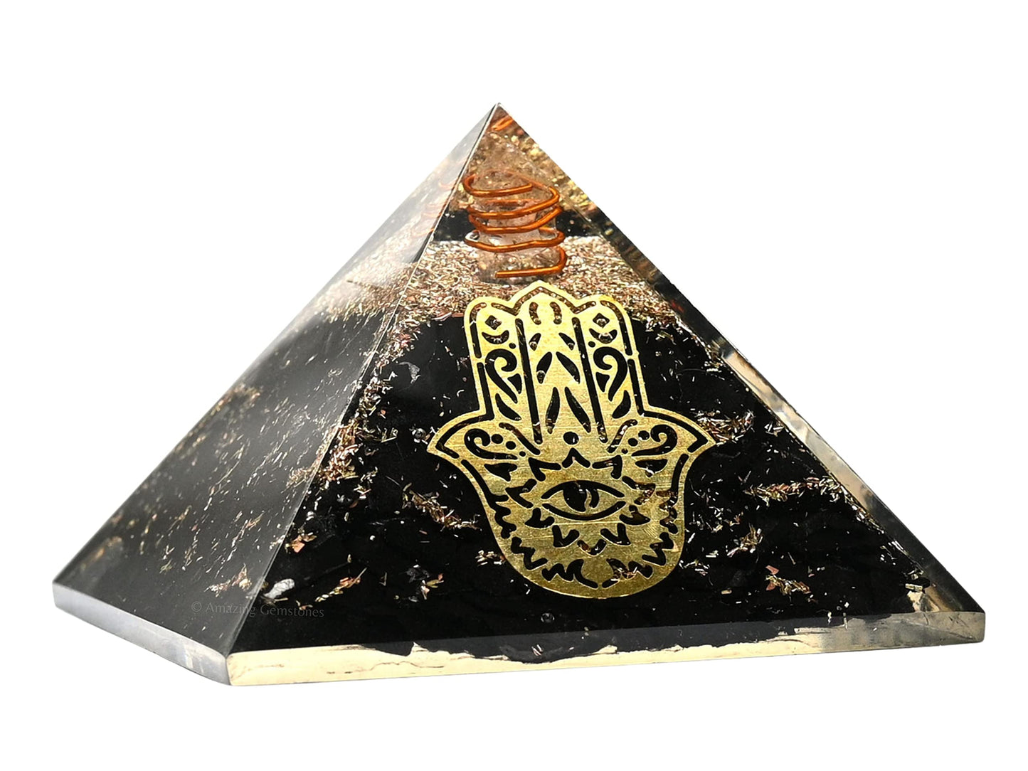 Amazing Gemstone Large Black Tourmaline Orgone Pyramid Crystal, Hamsa Hand Evil Eye Orgonite Pyramid, Positive Energy Healing