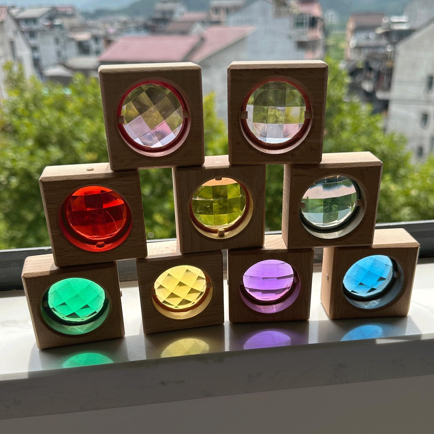 KOAICS 16PCS Acrylic Wooden Gem Blocks, Sparkling Acrylic Colorful StackingToys, Open Ended Play Montessori Educational Toys (16PCS Square Gem Blocks)