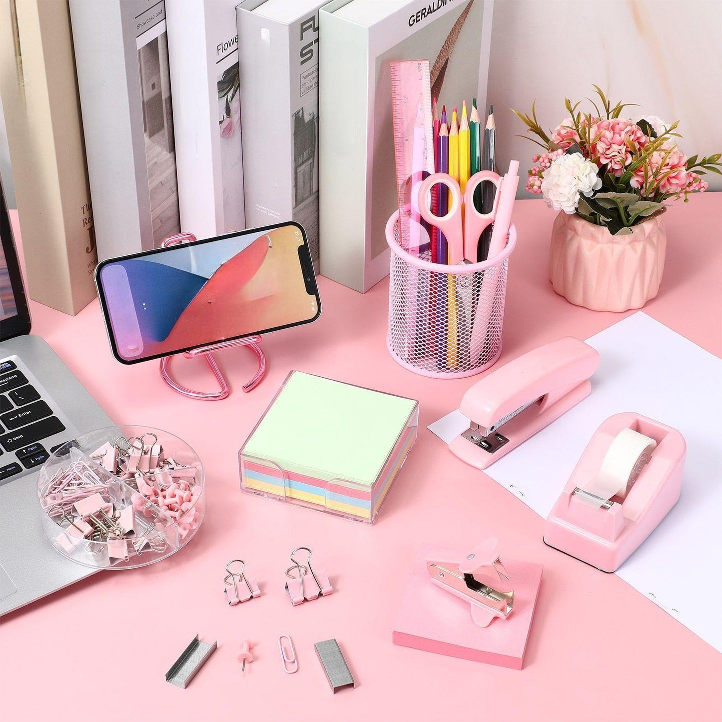 Sabary 12 Pack Pink Desk Accessories Office Supplies Set Include Stapler Staple Scissor Staple Remover Tape Dispenser Ballpoint Pen Sticky Notes Holder Phone Holder Ruler Pen Organizer for Gift