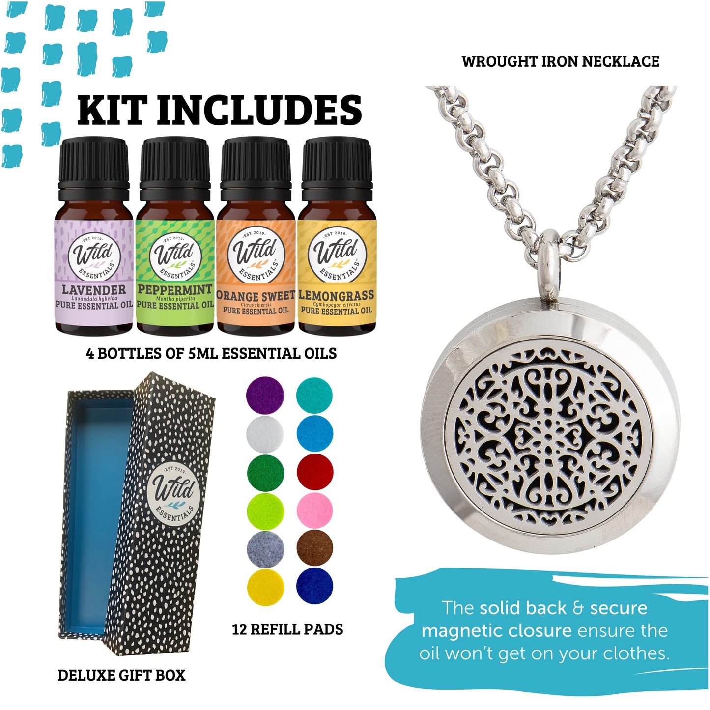 Wild Essentials Wrought Iron Necklace Essential Oil Diffuser Kit With Lavender, Lemongrass, Peppermint, Orange Oils, 12 Refill Pads, Calming Aromatherapy Gift Set, Customizable Color Changing, Perfume