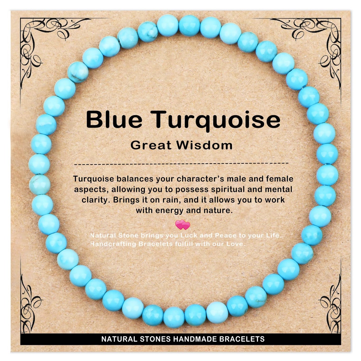 AD Beads 4mm Handmade Blue Turquoise Elastic Bracelet – Natural Gemstone for Great Wisdom – Meditation, Yoga, Healing and Energy Gift for Men Women