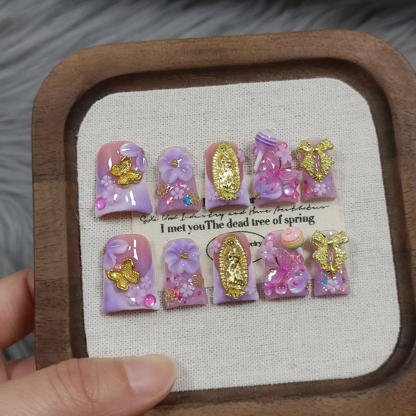 TENPAL Handmade Duckbill Press on Nails - Lavender Pink Blushing French Tips Fake Nails with 3D Bow & Lollipop Design | Acrylic Glossy Gothic Sweet False Nails | Y2K Elegant Style Duck Nails(L)