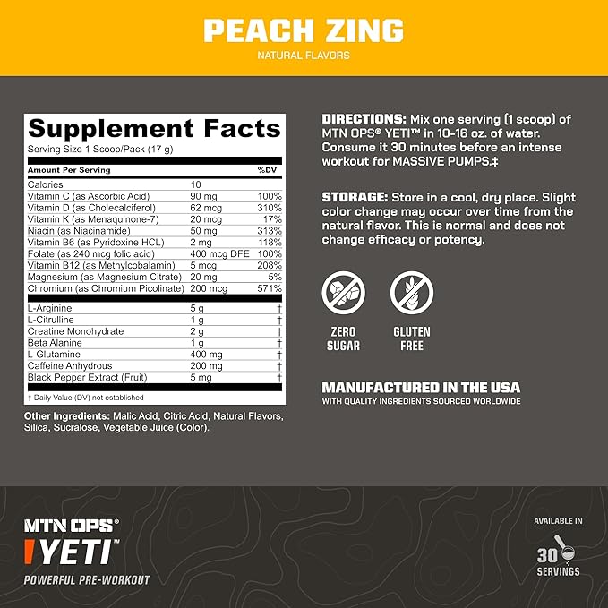 MTN OPS Yeti Pre-Workout Powder Energy Drink with Creatine, 200mg Caffeine & BCAAs with Beta Alanine, 30-Serving Tub, Peach Zing