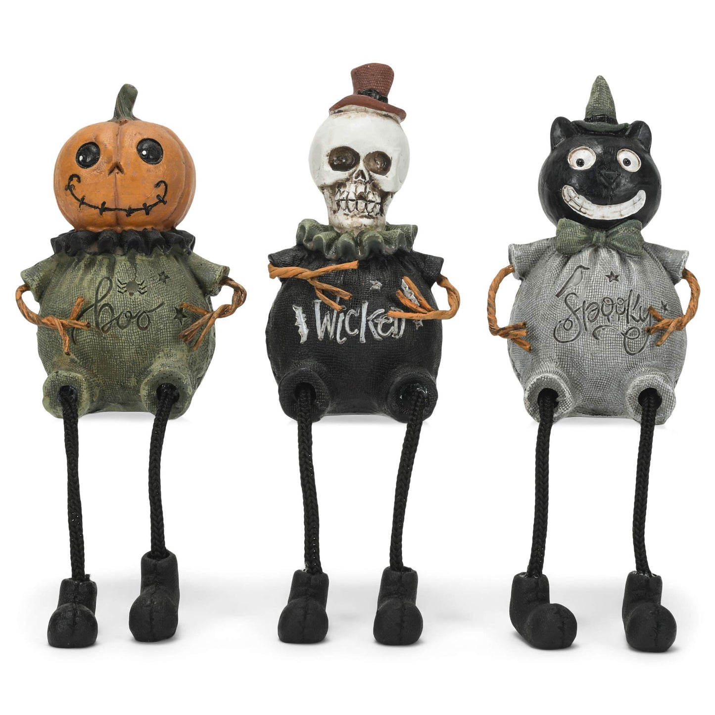 Transpac Boo Wicked Spooky Green 7.5 x 2.25 Resin Decorative Tabletop Figurine Shelf Sitter Set 3