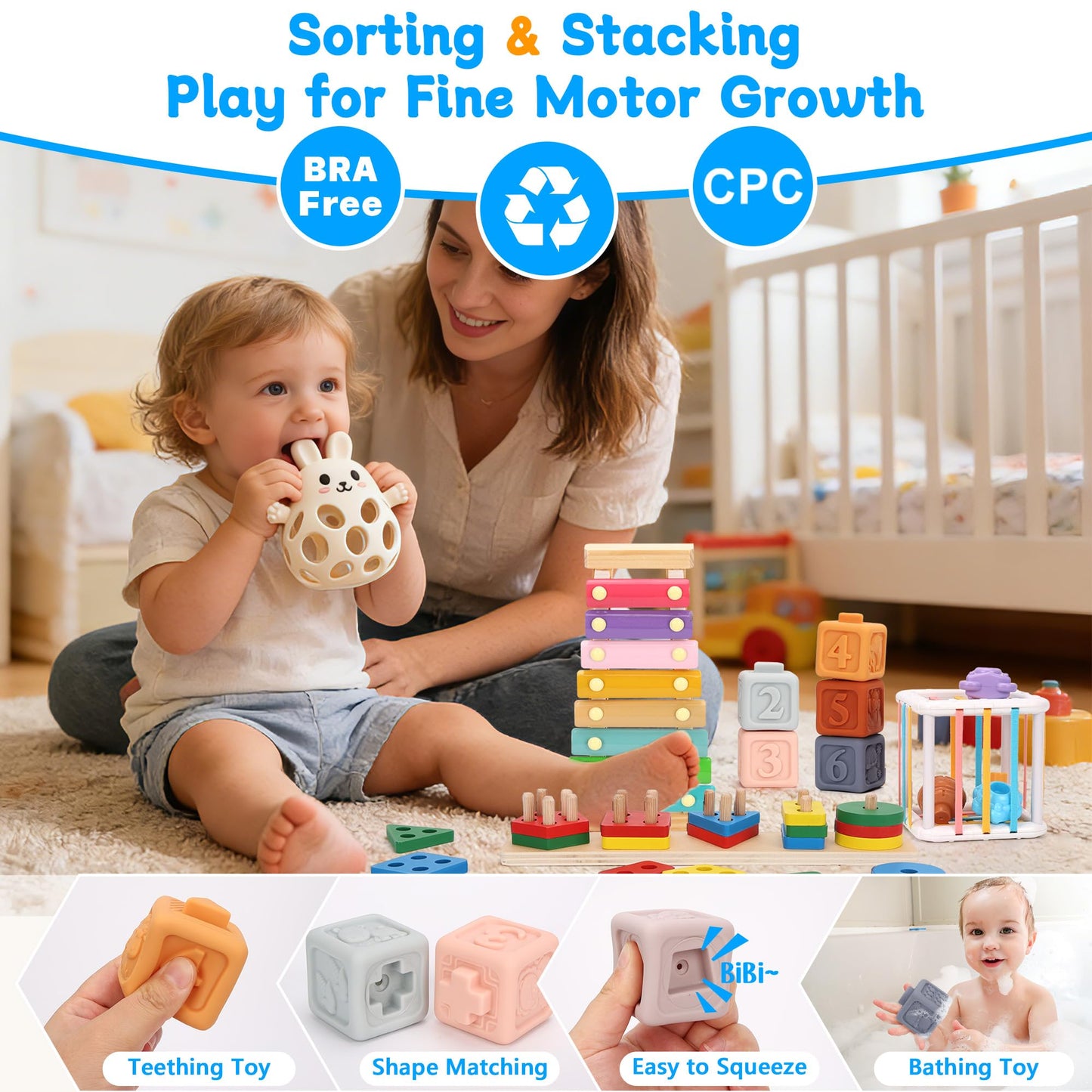 FlufiFiea Baby Toys for 6-18 Months, 5-in-1 Montessori Educational Toy Set with Soft Teething Toy Stacking Blocks Rings Sensory Bin, Sorting Sensory Educational Learning Gift for Toddlers Aged 1-3
