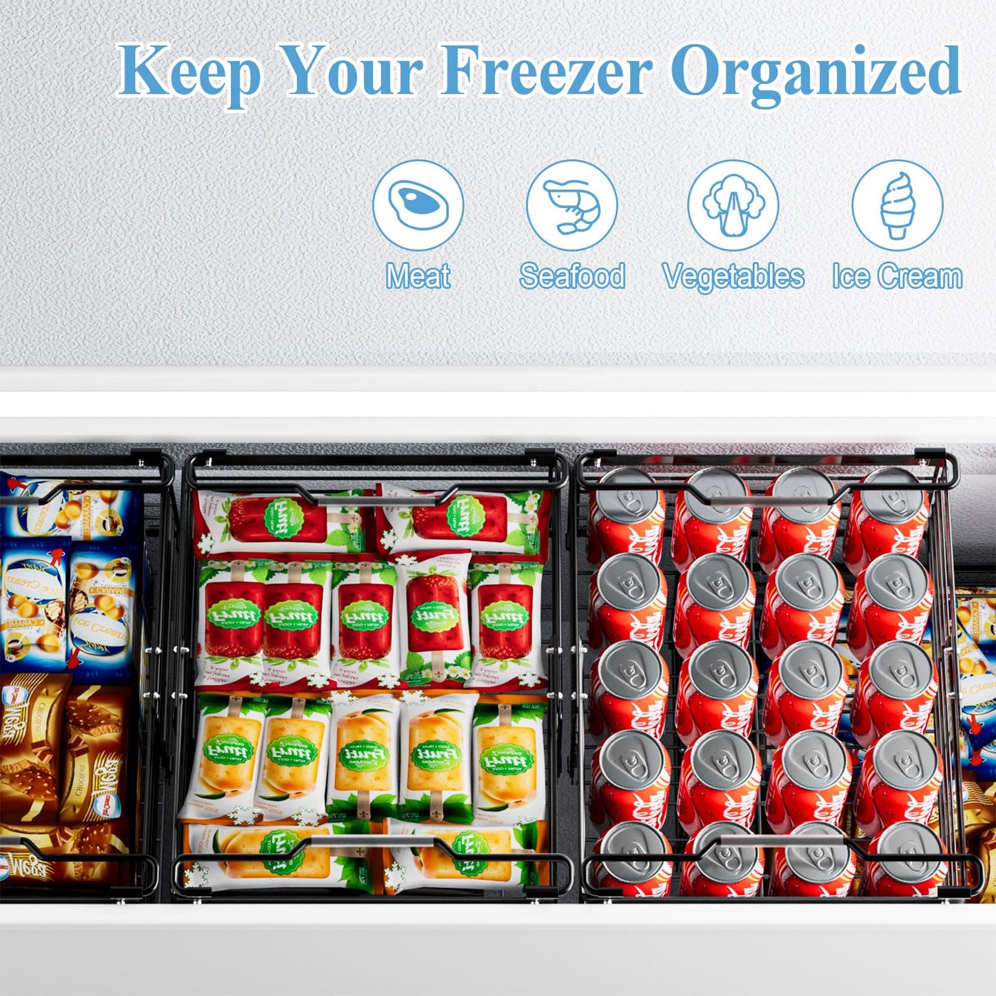 OdoVow Freezer Organizer Bins, 2 Packs Large Expandable Stackable Chest Freezer Containers with Handle, Metal Adjustable Storage Baskets for Fridge, Deep Freezer, Cabinet, Kitchen, Pantry - Black