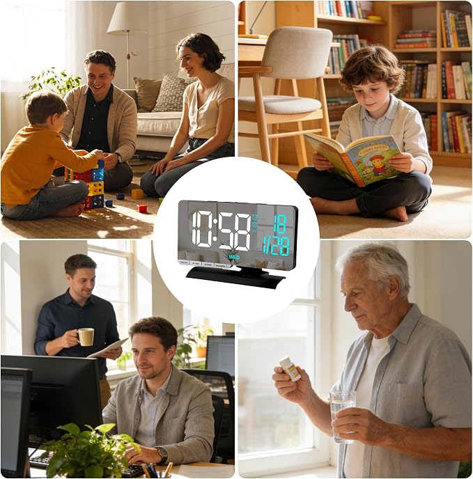 SZELAM Digital Clock,Alarm Clock Bedside,7.3'' Large LED Mirror with Date