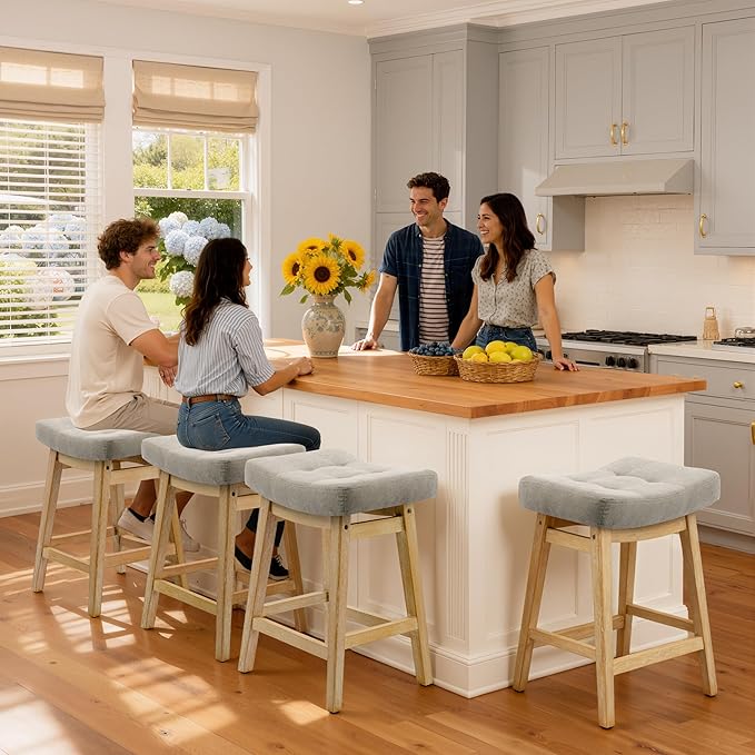 Counter Height Bar Stools Set of 2 for Kitchen Counter Farmhouse Modern Barstools with Upholstered Fabric Backless Seat and Solid Wood Legs 24 inch Bar Chairs, Grey + Wood Color