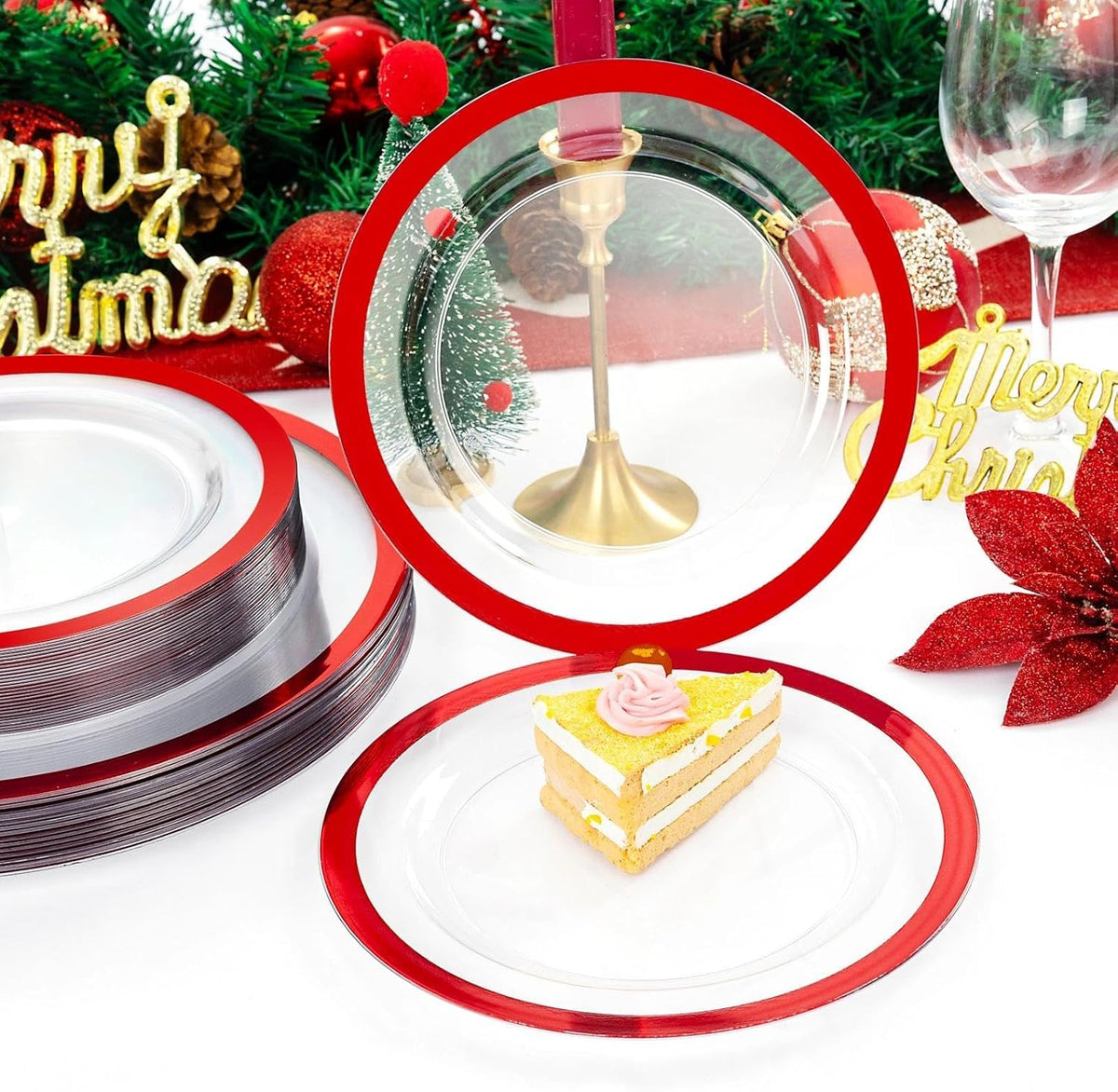 U-QE 200PCS Red Plastic Plates - Clear Red Plastic Plates Disposable Heavy Duty - Include 100 10" Dinner and 100 7" Dessert Platos for Party
