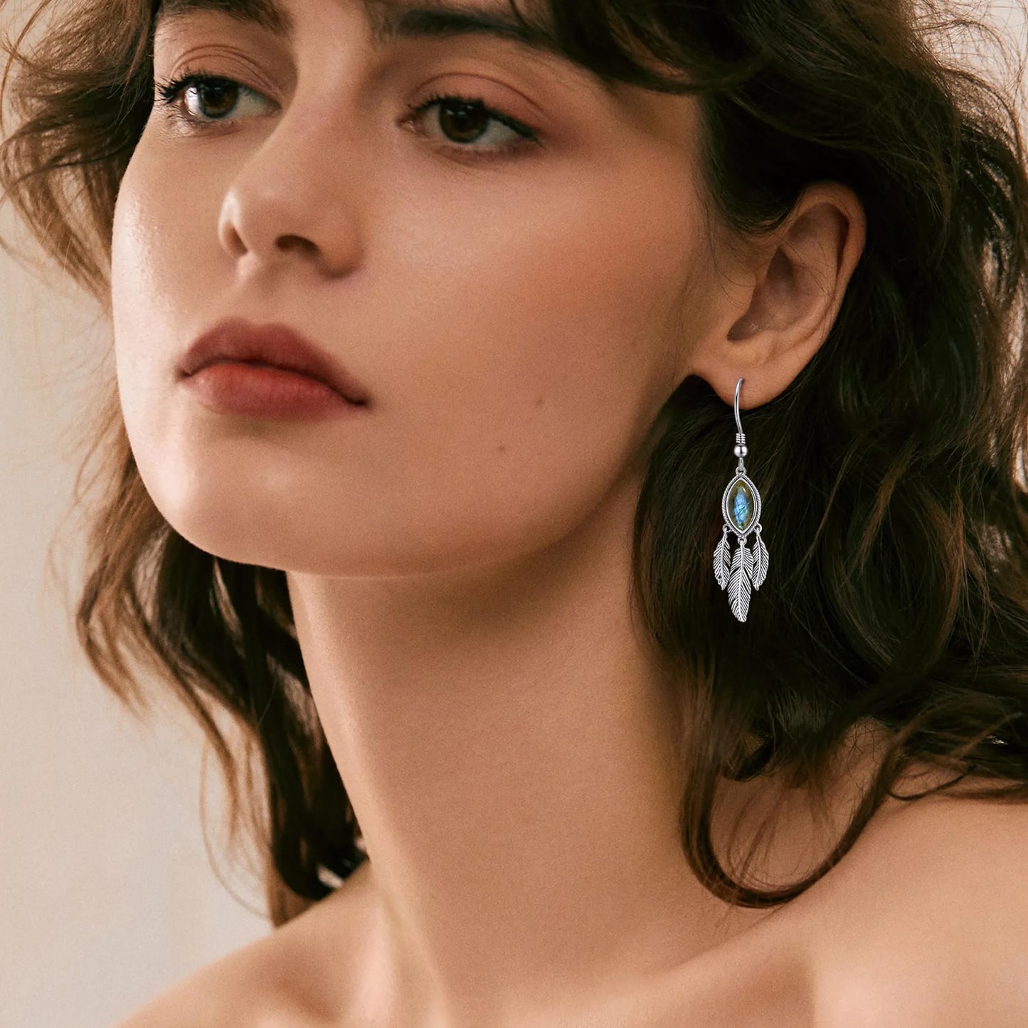 AVECON Labradorite Feather Dangle Earrings for Women 925 Sterling Silver Drop Earring Boho Leaf Statement Earrings Unique Hook Earrings Valentine's Day Vintage Feather Earrings Women's Jewelry