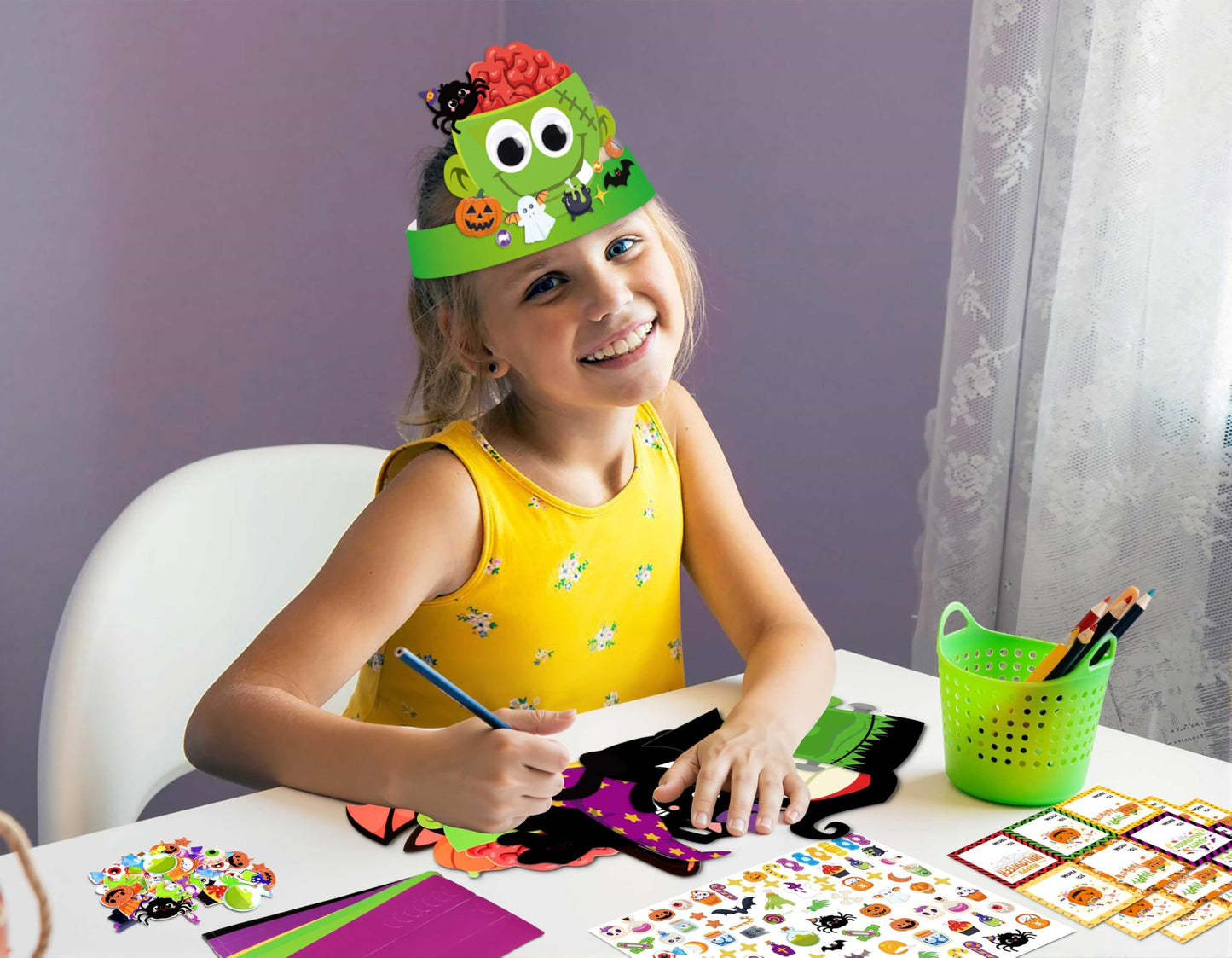 Eternity sky 30 Sets Halloween Crafts - DIY Headbands Paper Crown Hat Art Kit Set with Stickers for Party Favors