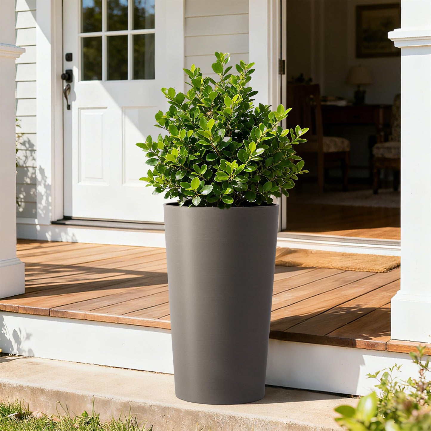 GDFStudio 21.7" Tall Planters Set of 2, Large Planter Pots with Drainage Holes, UV and Crack Resistant, Modern Matte Finish for Indoor Outdoor Balcony Patio Garden, Brown