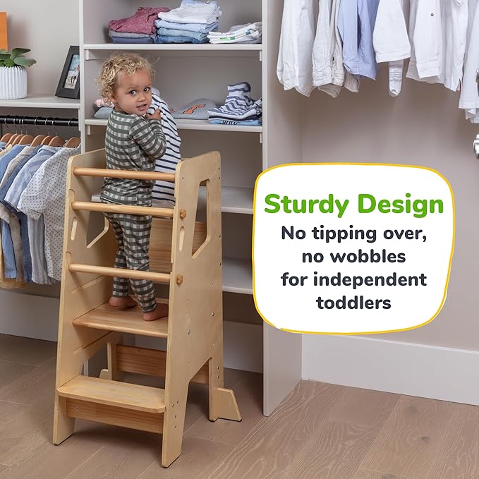 OCODILE Toddler Standing Tower - Adjustable Height Toddler Kitchen Stool Helper - Ideal Kids Kitchen Step Stool for Learning New Skills - Updated Design with Safety Feet - Varnished