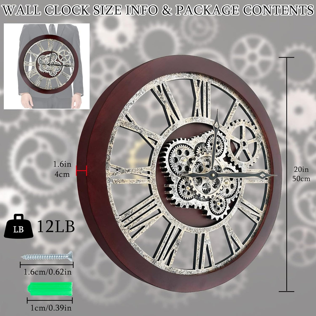 HOIBAI Wall Clock, Clocks for Living Room Decor 20 Inch Big Moving Gears Clock Farmhouse Vintage Rustic Wall Clock Vintage Roman Oversized for Home Bedroom House Kitchen Wall Decor