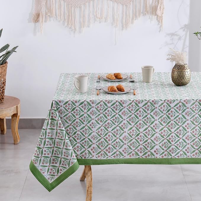 Labhanshi Indian Handblock Print Floral Cotton Rectangle 72x135 Inch 10-Seater Dining Tablecloth|Washable Spring Easter St. Patrick Picnic Outdoor Camping Festive Holiday Table Cover|Green Pink