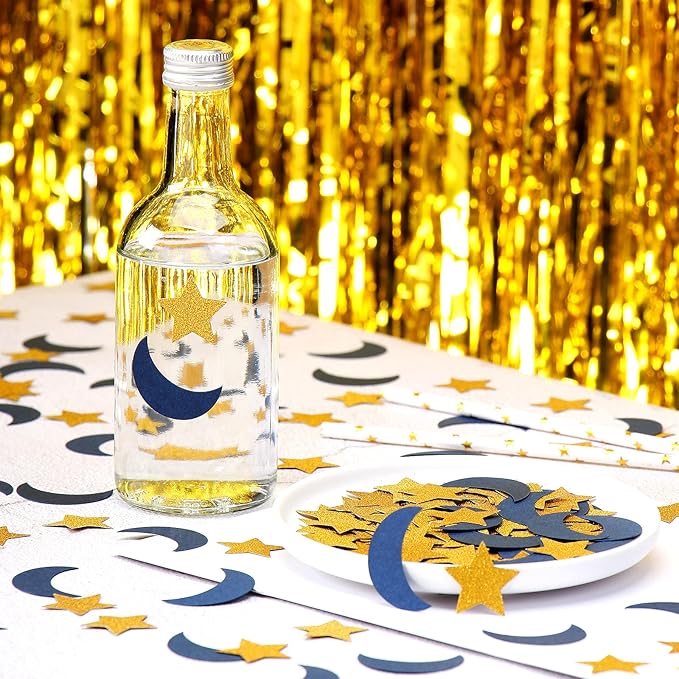 Navy-Blue Moon Gold Star Confetti - 300pcs Glitter Twinkle Little Star Table Confetti Eid Ramadan Mubarak Decoration Birthday Wedding Baby Shower Party Decor Lasting Surprise