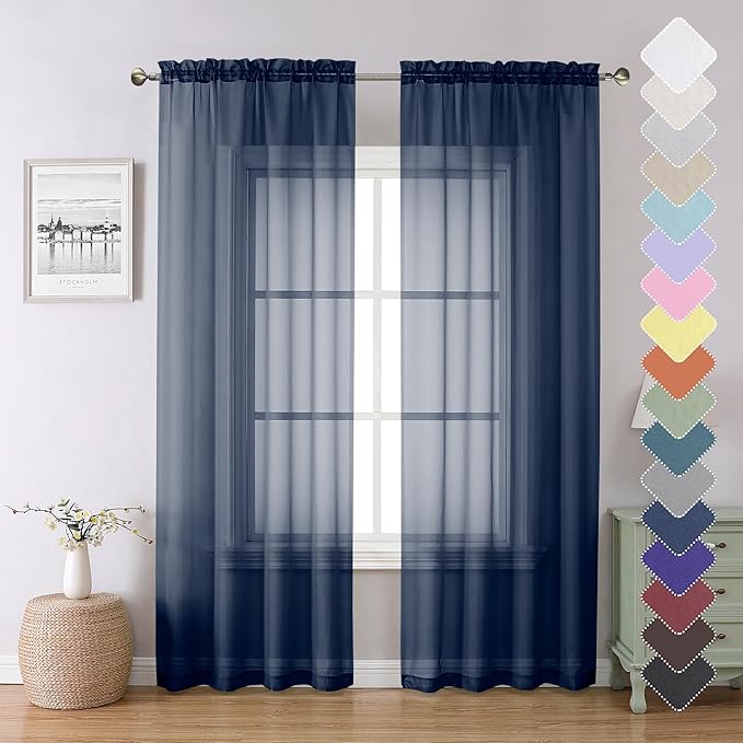 Lecloud Navy Blue Sheer Curtains 84 Inches Long 2 Panels Set, Solid Voile Light Filtering Airy Drapes for Living Room, Elegant Bedroom Decor Window Treatments with Rod Pockets, 40" W x 84" L