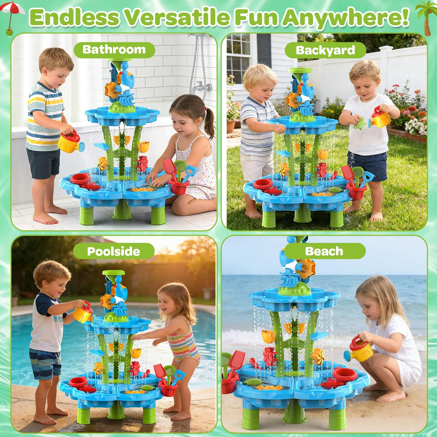 JSDOOGOO 3-Tier Kids Toddlers Water Sand Table - Multifunctional Summer Outdoor Toys with Stable Design,Sensory Learning Backyard Poolside Beach Activity Playset Gift for Boys Girls(Azure)