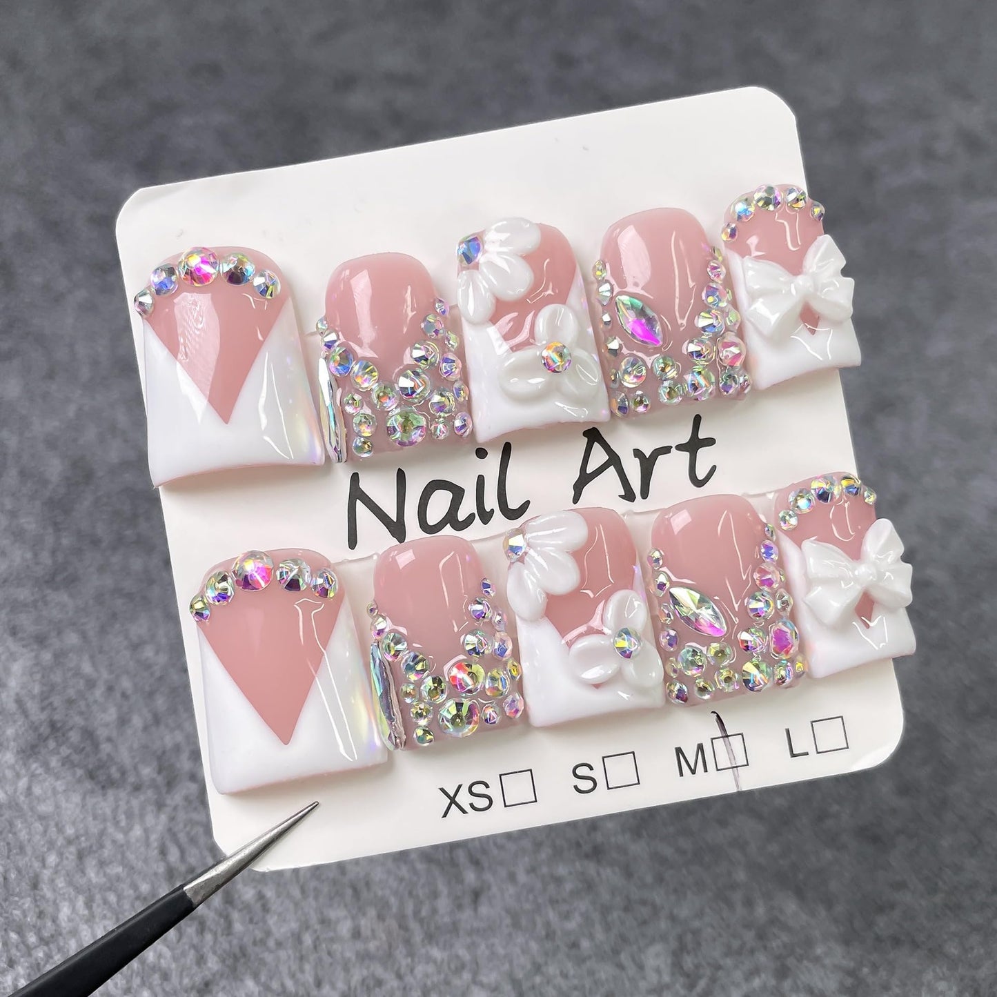 Flower Handmade Press on Nails 3D Floral Short Length Duck White French Tips Fake Nail Handmade Rhinestone Design Reusable Muti-Layer Gel Acrylic False Nails for Women (M)