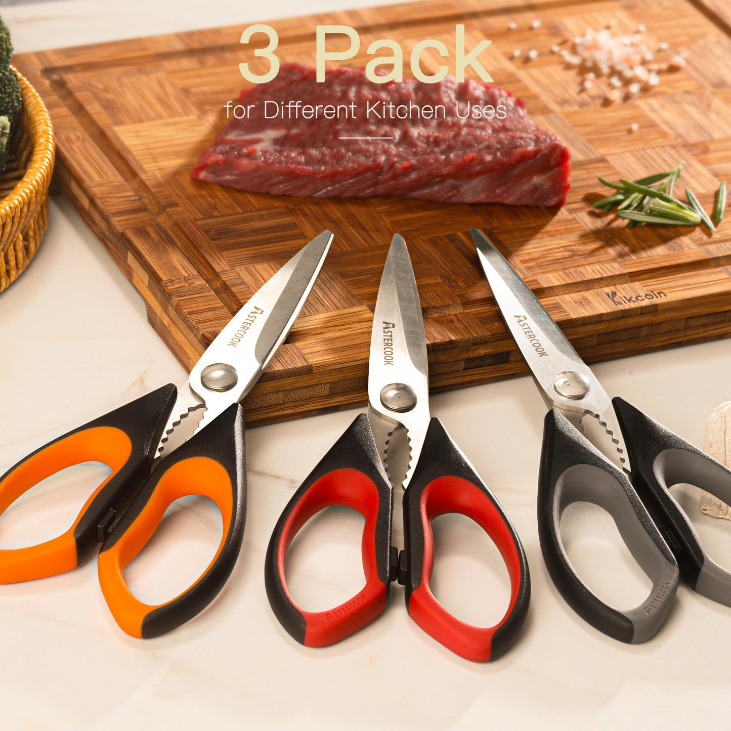 Astercook Kitchen Scissors All Purpose Heavy Duty,3 Pack Kitchen Shears Set,Stainless Steel Kitchen Gadgets for Cutting Food,Poultry,Meat,Vegetable,Herb Dishwasher Safe Utility Tools Home Gift